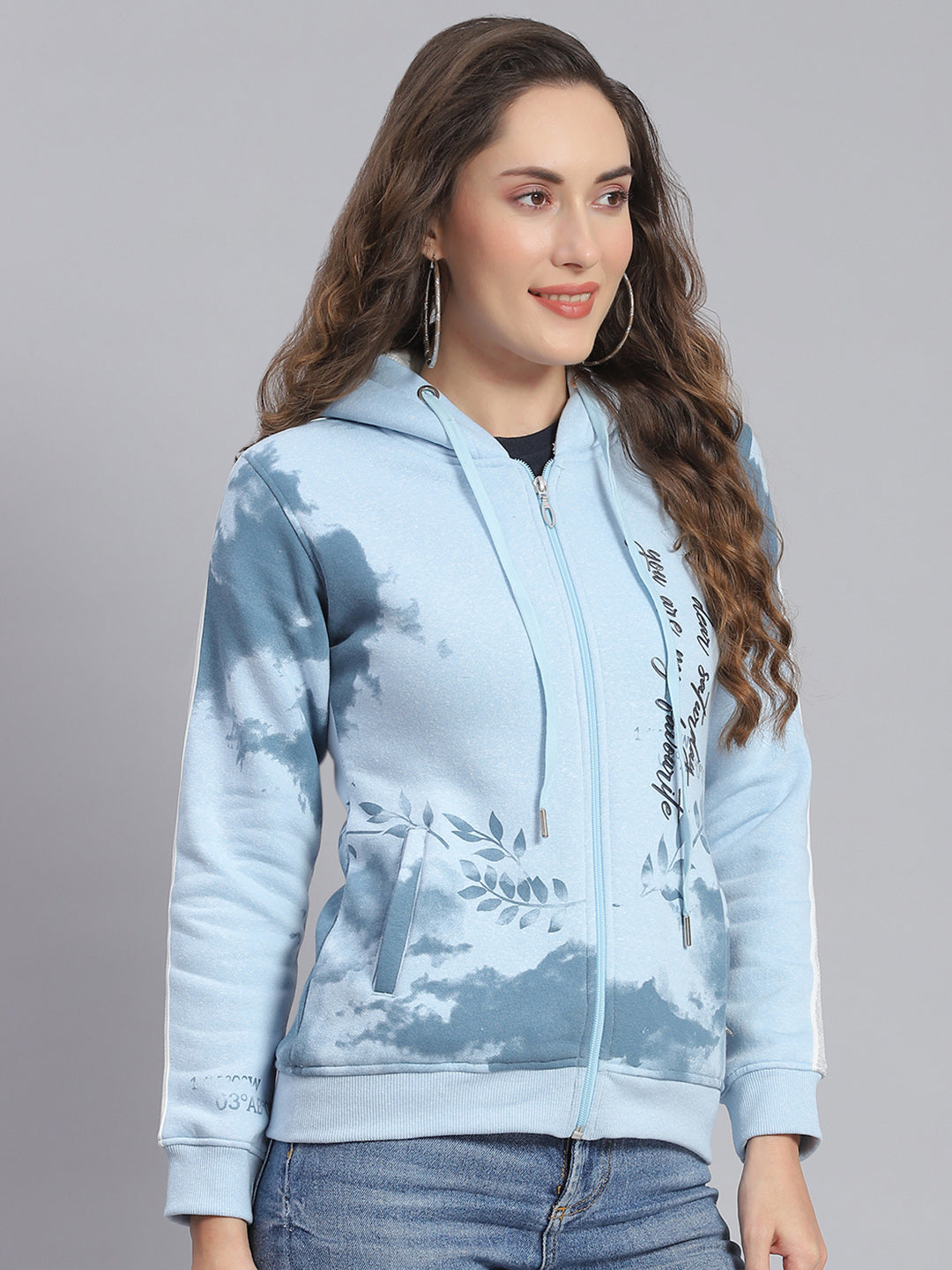 Women Blue Printed Hooded Full Sleeve Sweatshirts