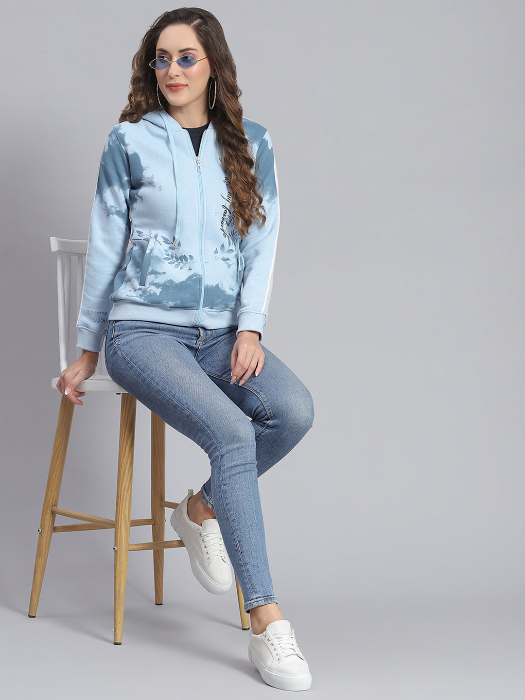 Women Blue Printed Hooded Full Sleeve Sweatshirts