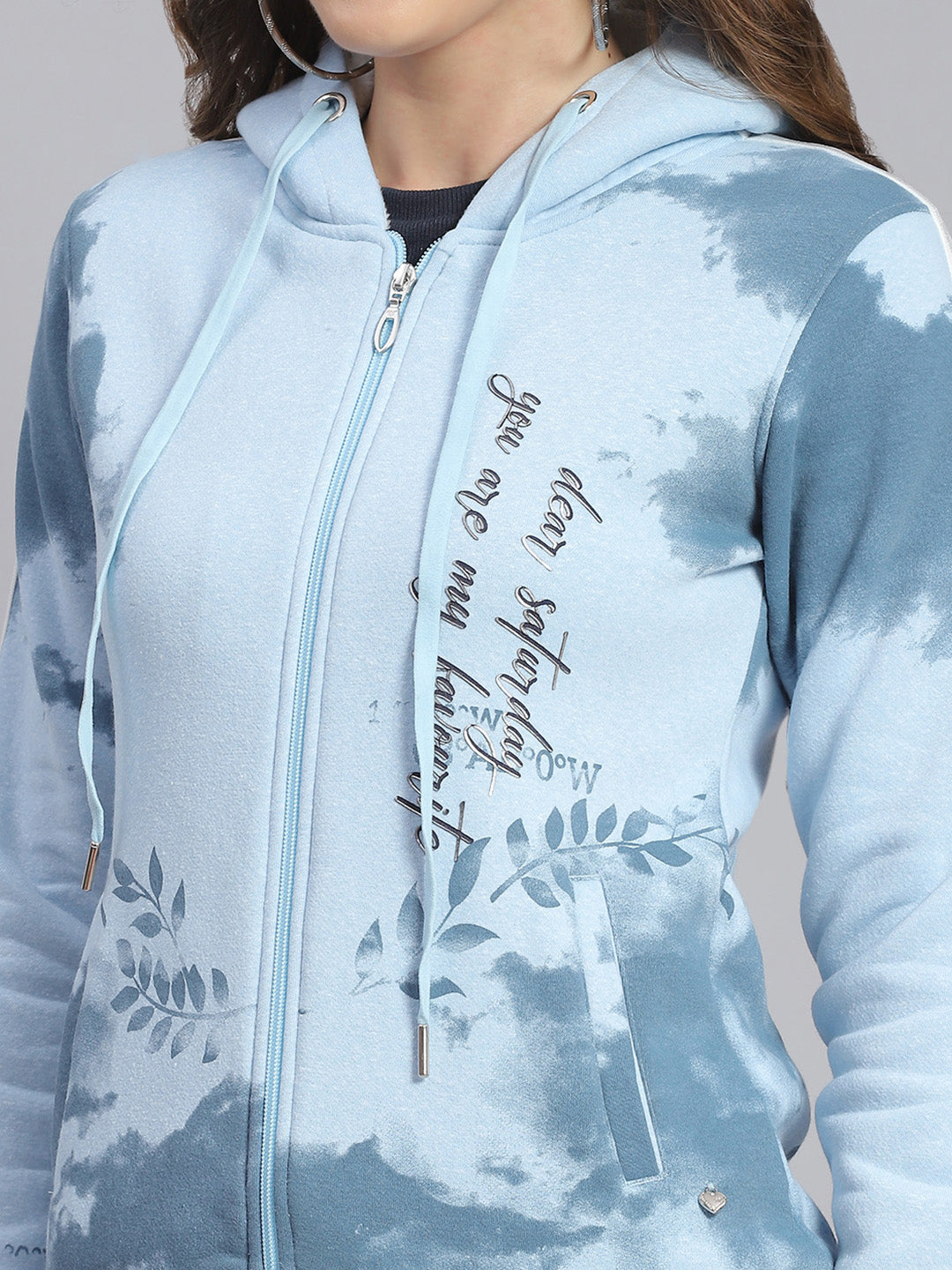 Women Blue Printed Hooded Full Sleeve Sweatshirts