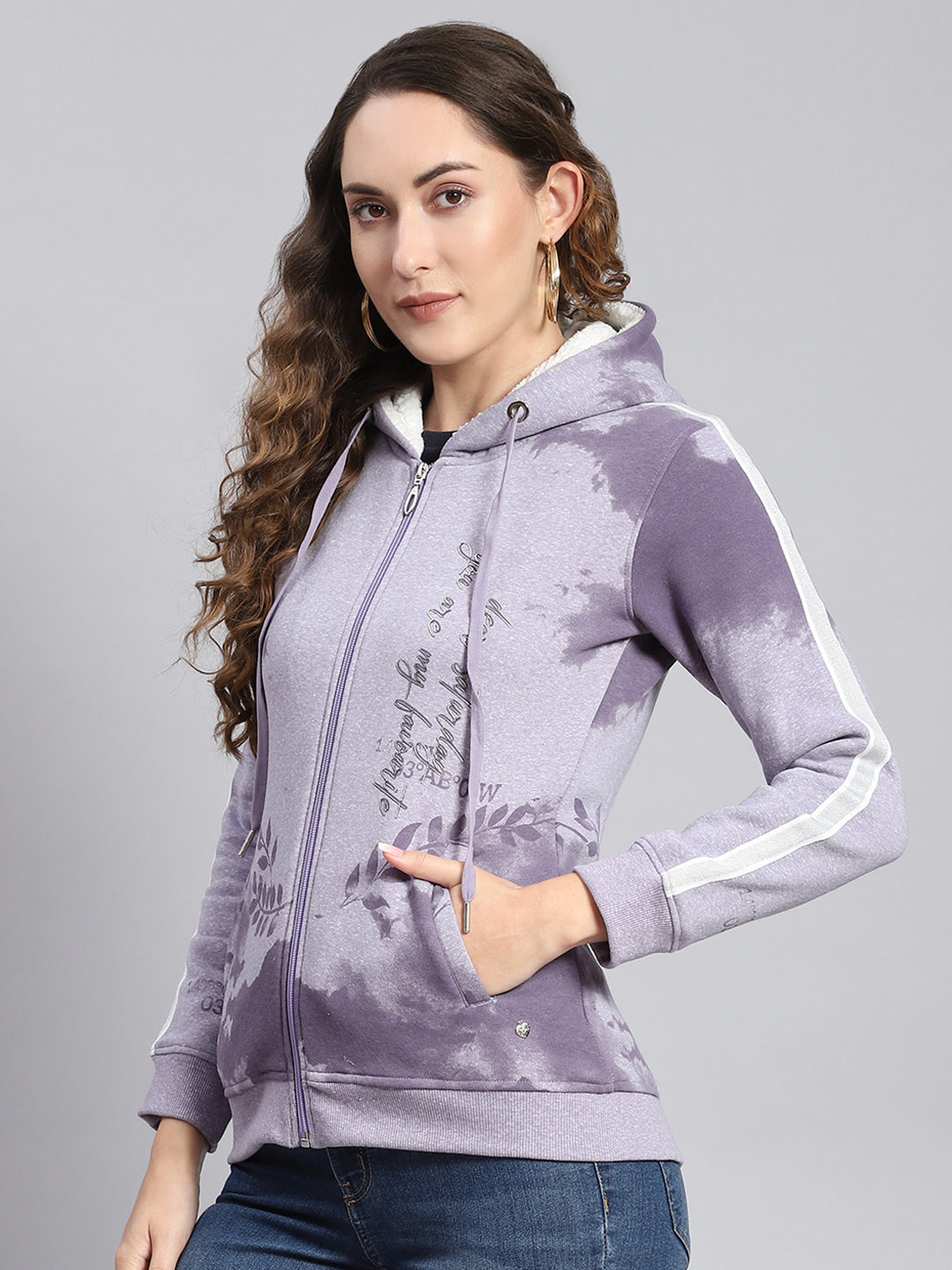 Women Purple Printed Hooded Full Sleeve Sweatshirts