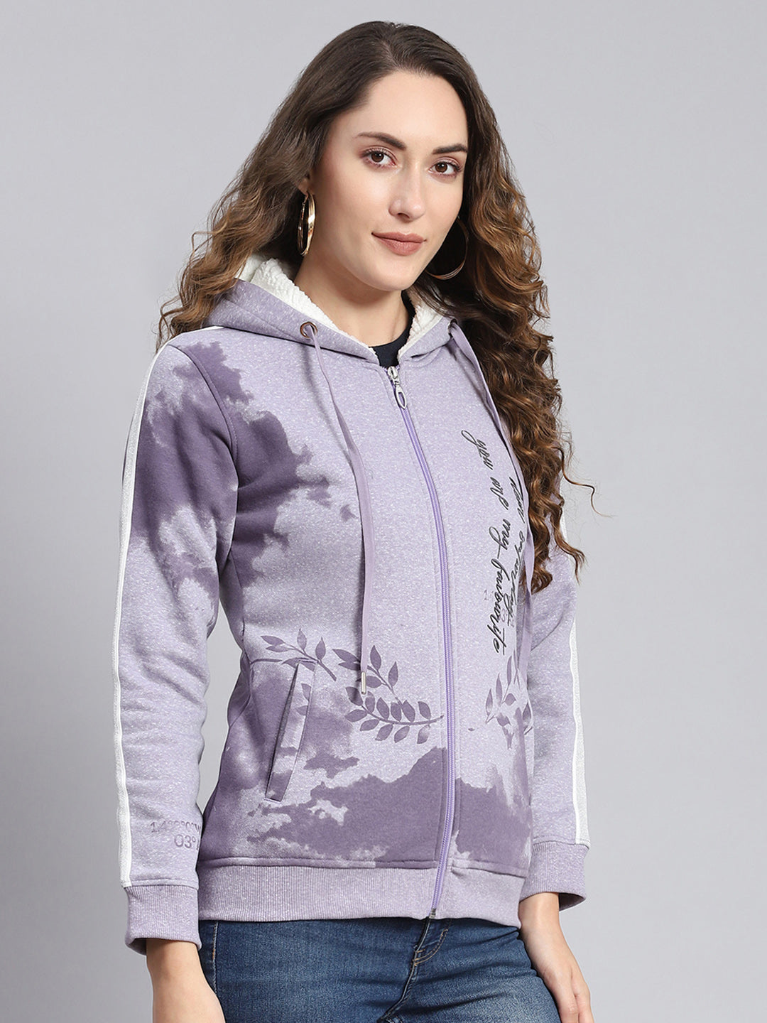 Women Purple Printed Hooded Full Sleeve Sweatshirts