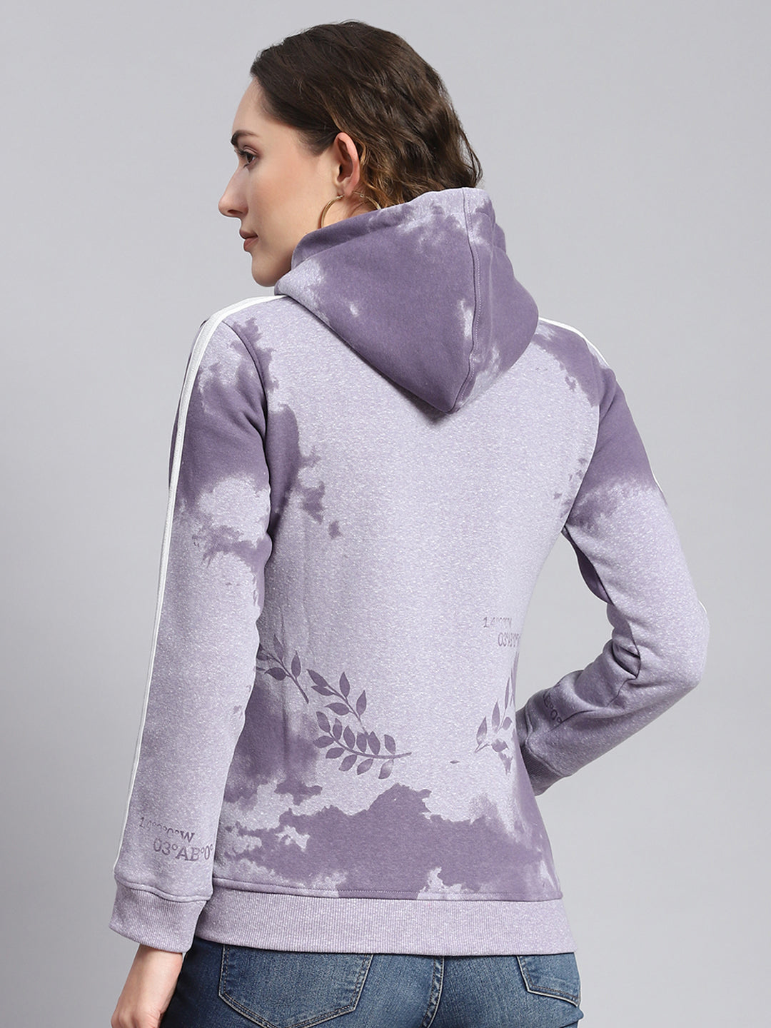 Women Purple Printed Hooded Full Sleeve Sweatshirts