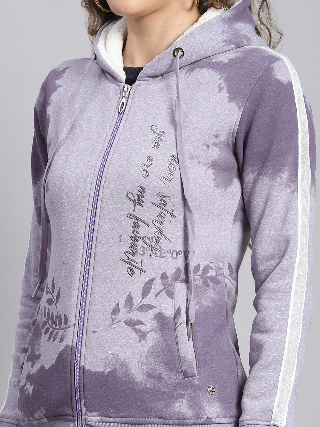 Women Purple Printed Hooded Full Sleeve Sweatshirts