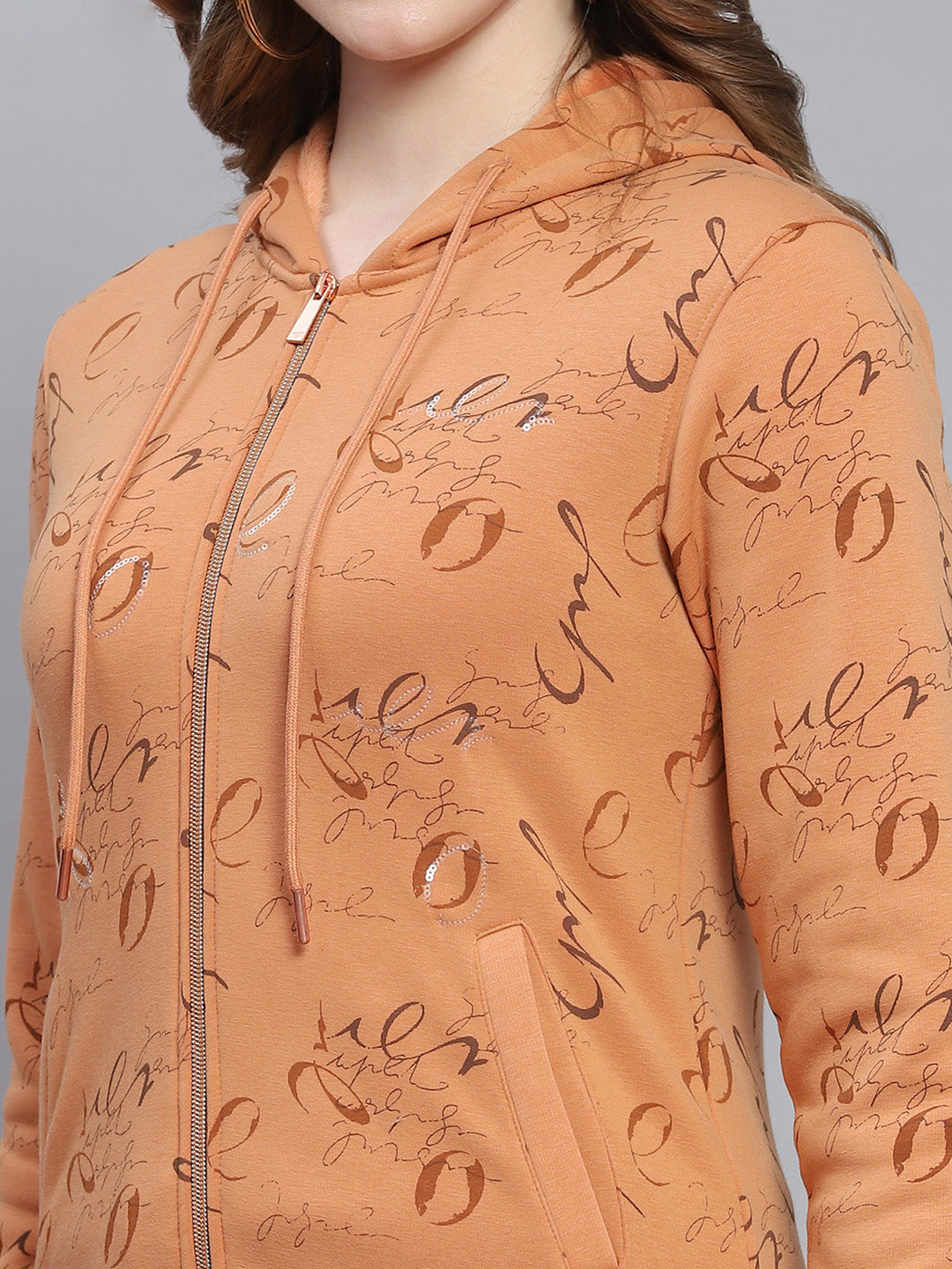 Women Brown Printed Hooded Full Sleeve Sweatshirts