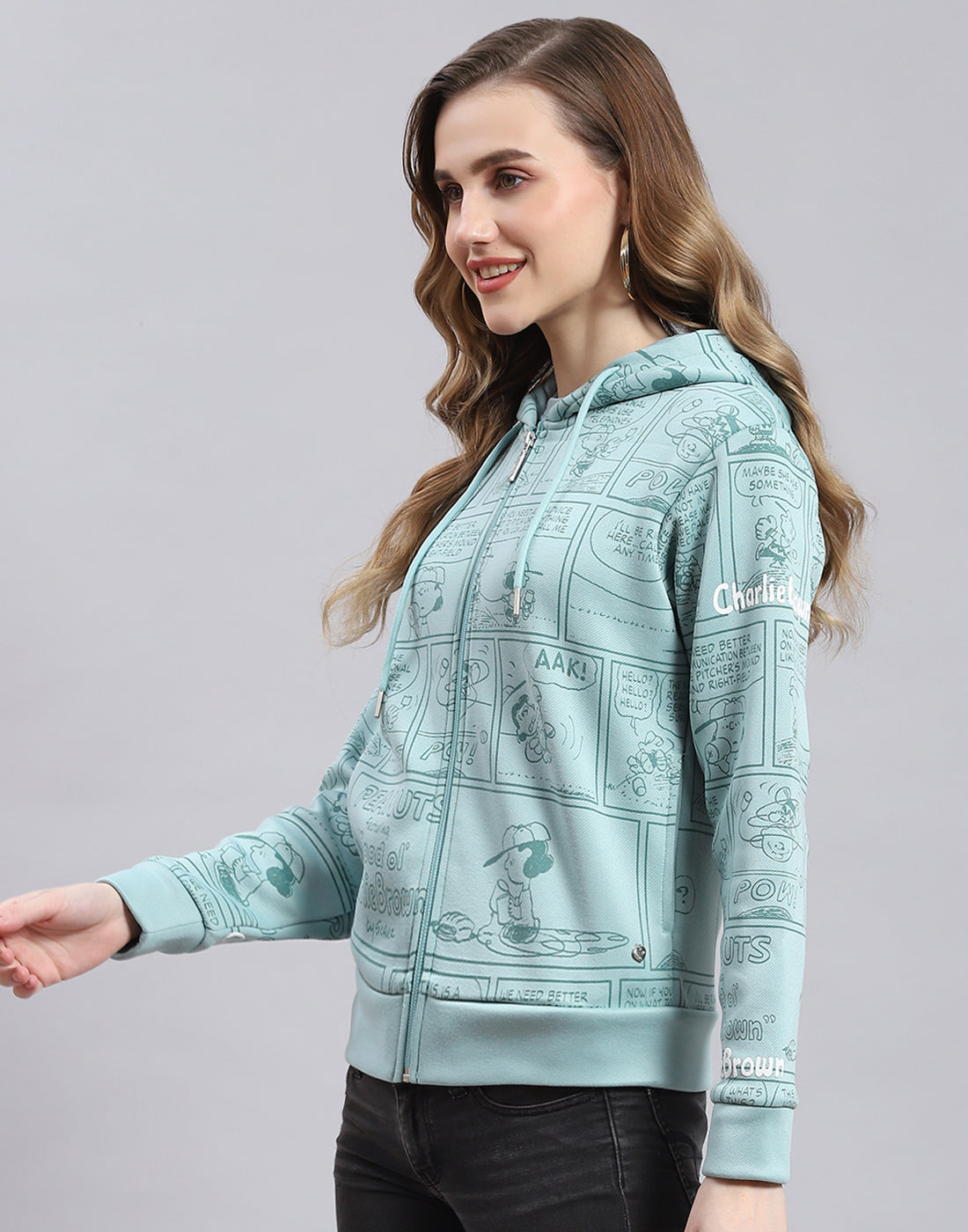 Women Teal Blue Printed Hooded Full Sleeve Sweatshirt