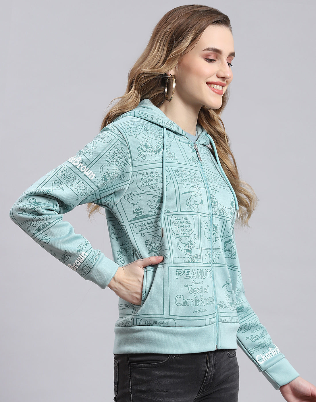 Women Teal Blue Printed Hooded Full Sleeve Sweatshirt