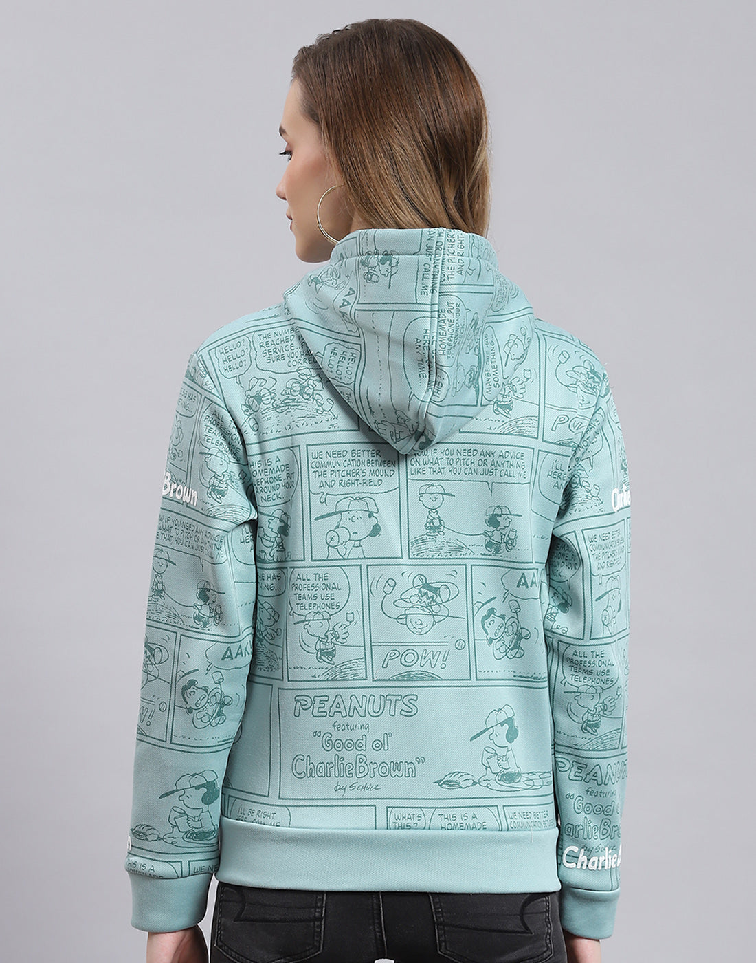 Women Teal Blue Printed Hooded Full Sleeve Sweatshirt