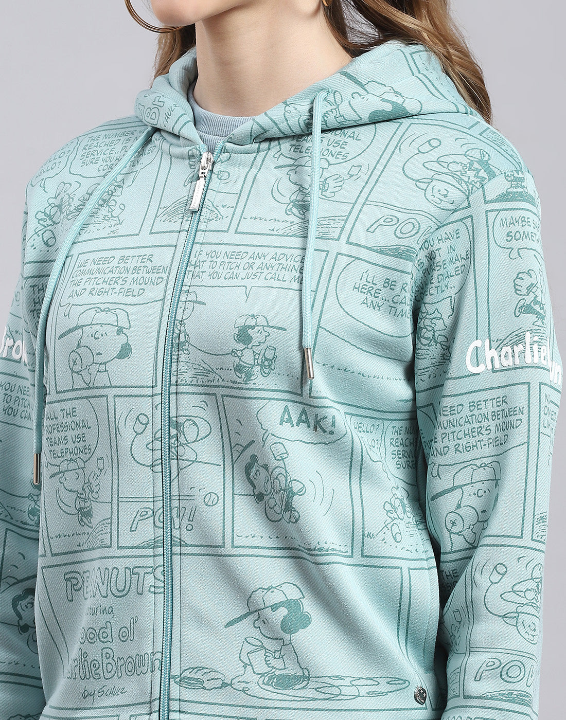 Women Teal Blue Printed Hooded Full Sleeve Sweatshirt