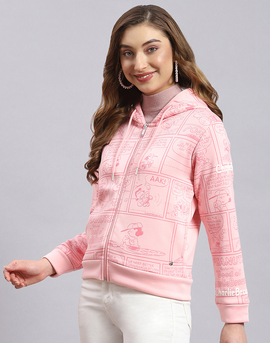 Women Pink Printed Hooded Full Sleeve Sweatshirt