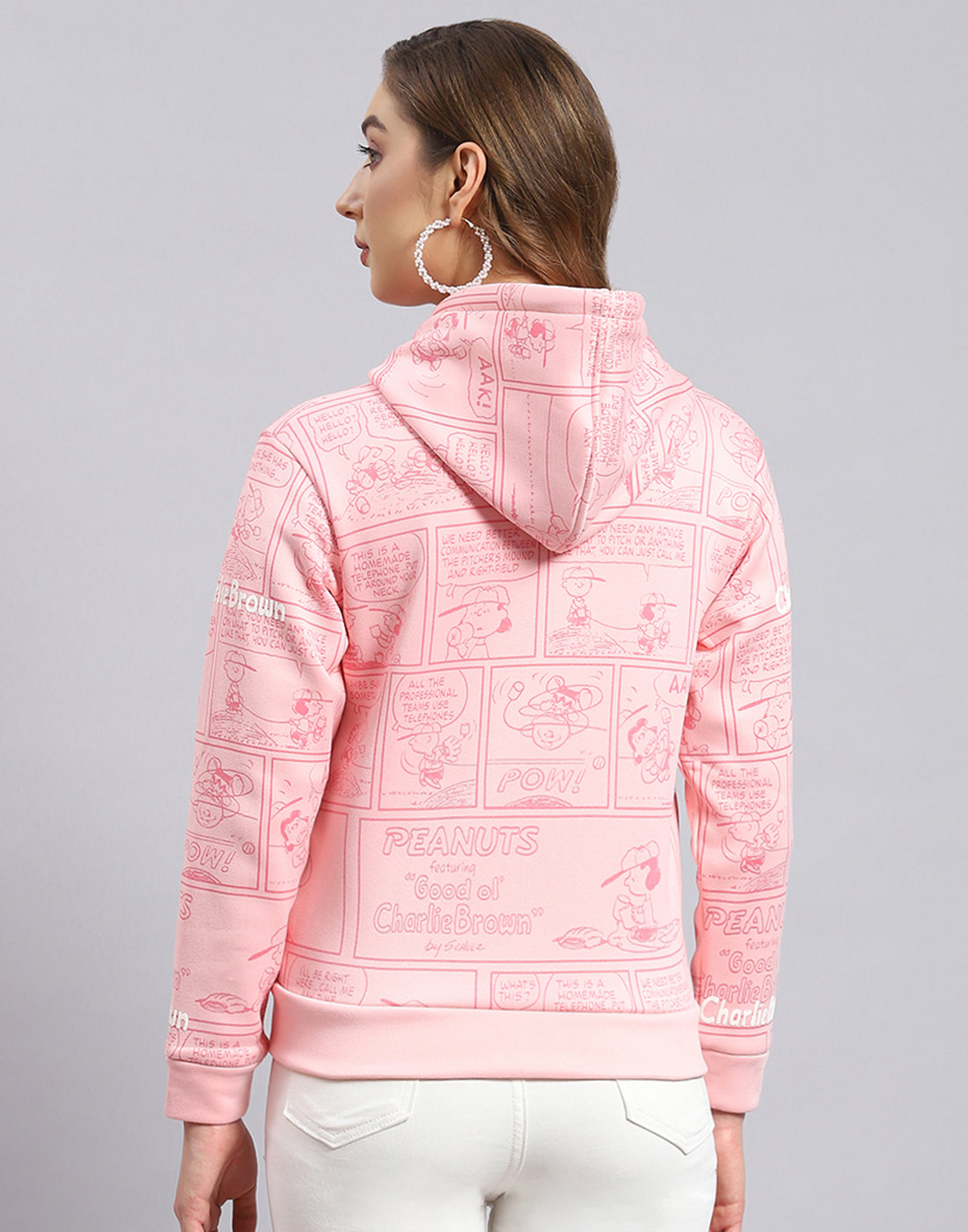 Women Pink Printed Hooded Full Sleeve Sweatshirt