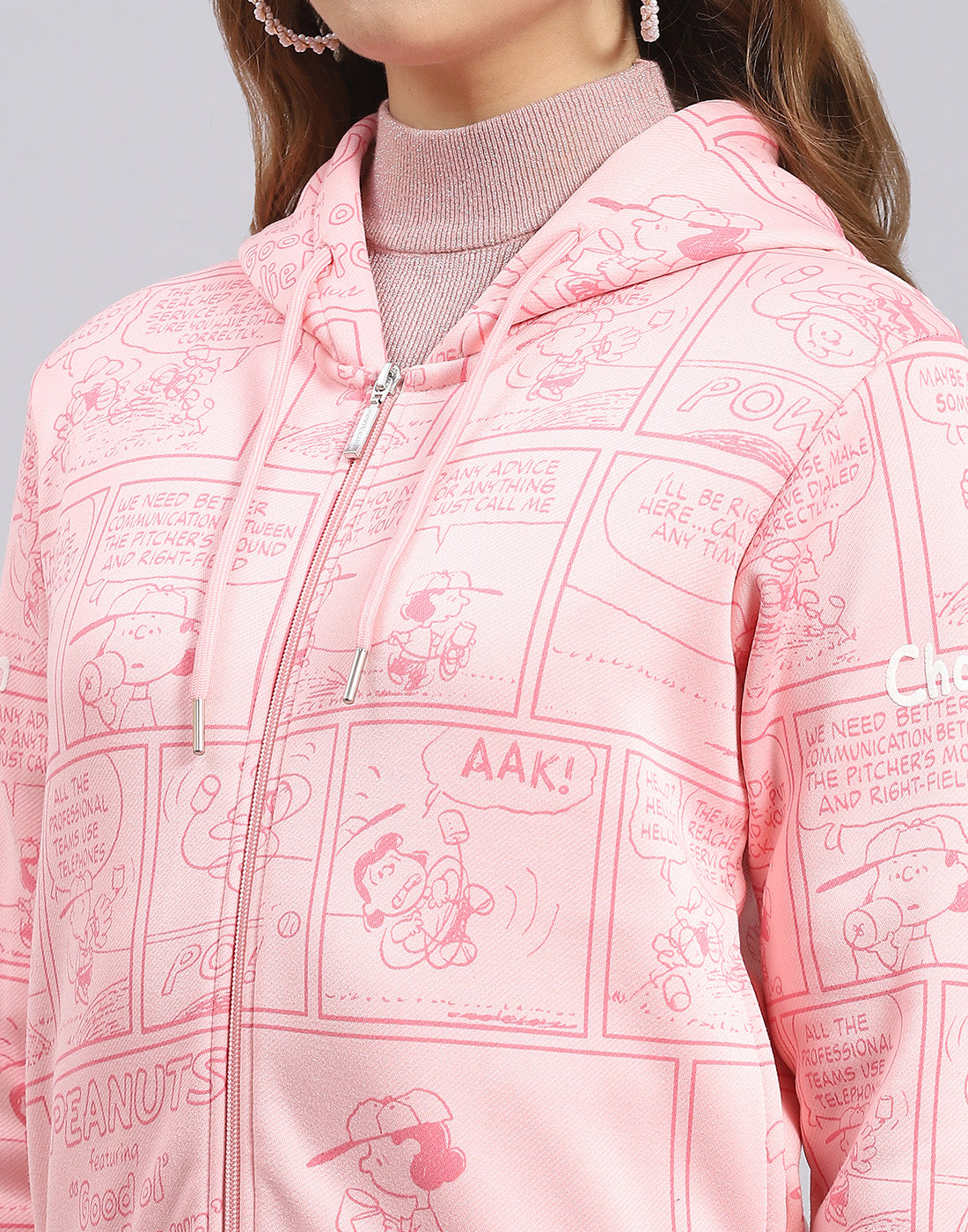 Women Pink Printed Hooded Full Sleeve Sweatshirt