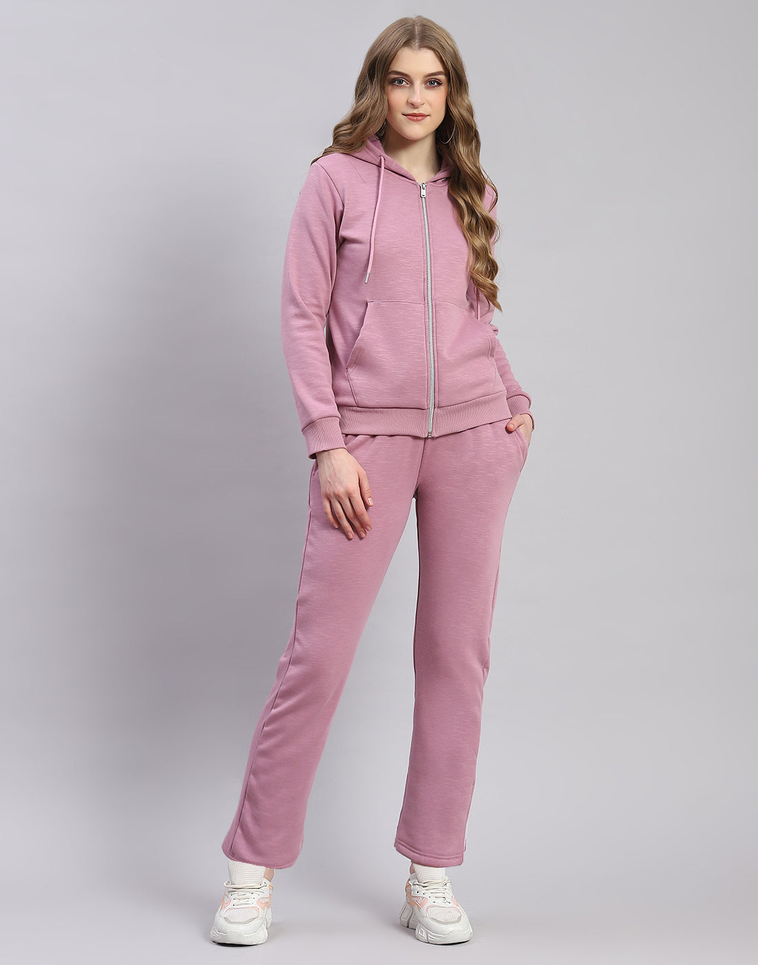 Women Purple Solid Hooded Full Sleeve Tracksuit