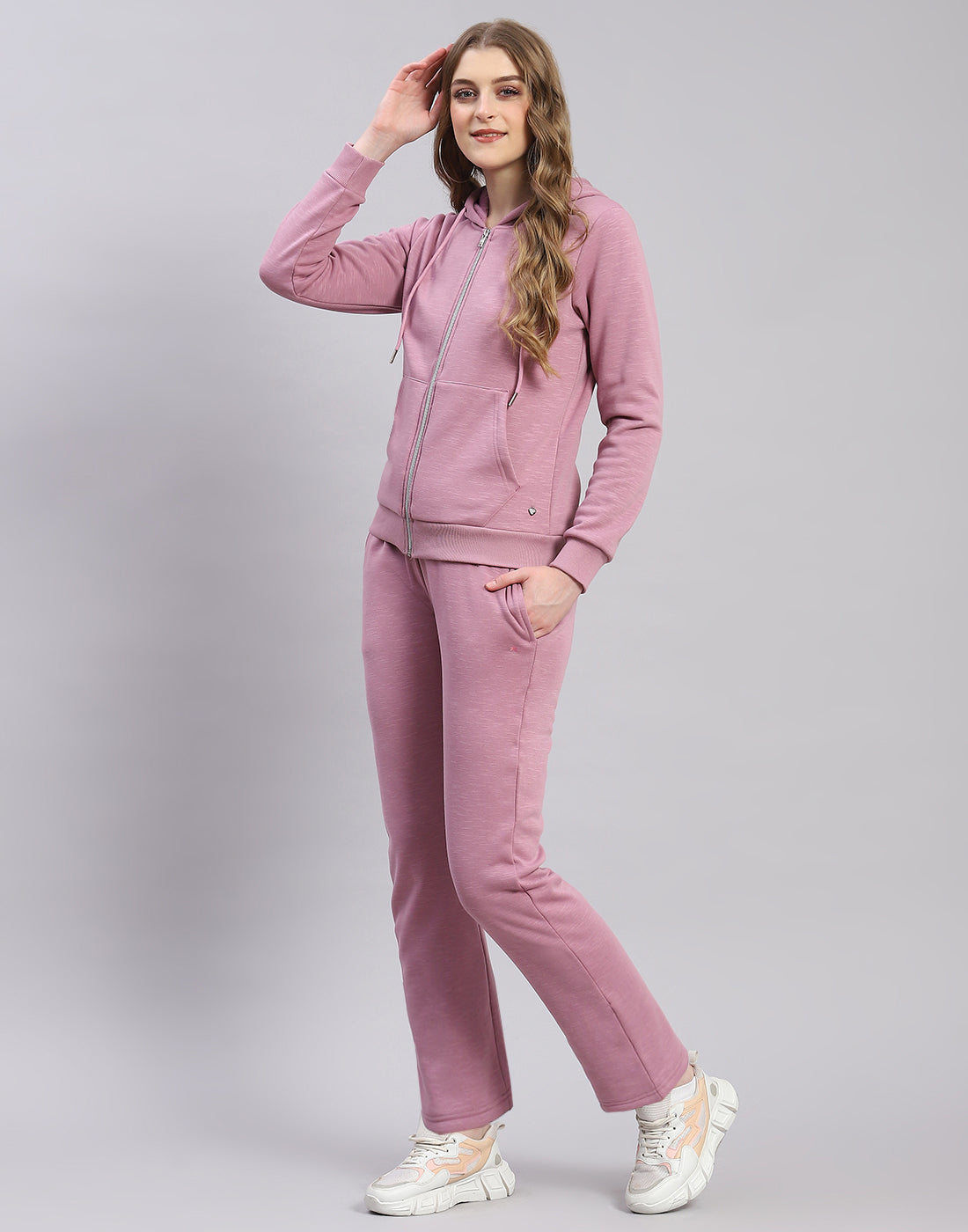 Women Purple Solid Hooded Full Sleeve Tracksuit