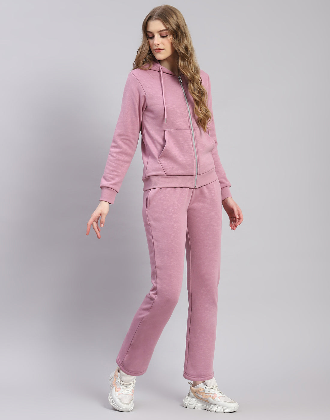 Women Purple Solid Hooded Full Sleeve Tracksuit