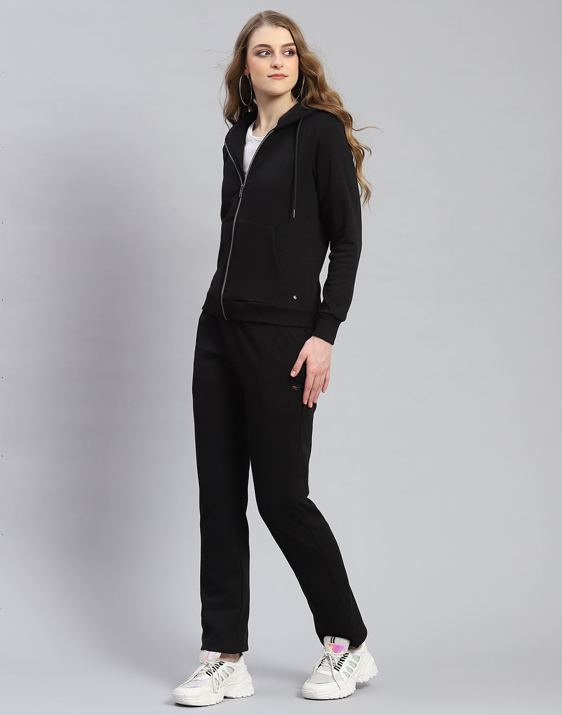 Women Black Solid Hooded Full Sleeve Tracksuit