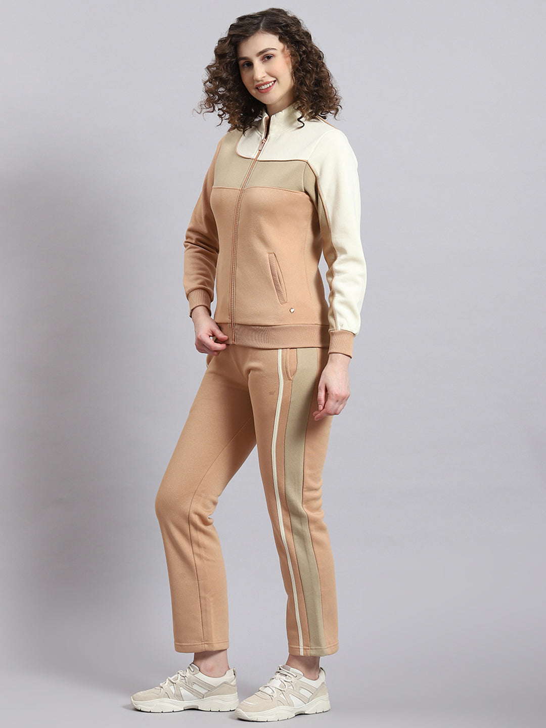 Women Beige Solid Stand Collar Full Sleeve Tracksuit