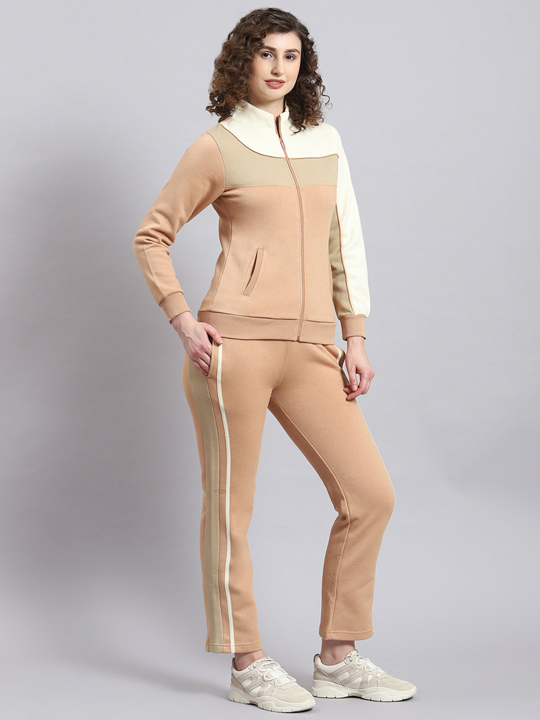 Women Beige Solid Stand Collar Full Sleeve Tracksuit