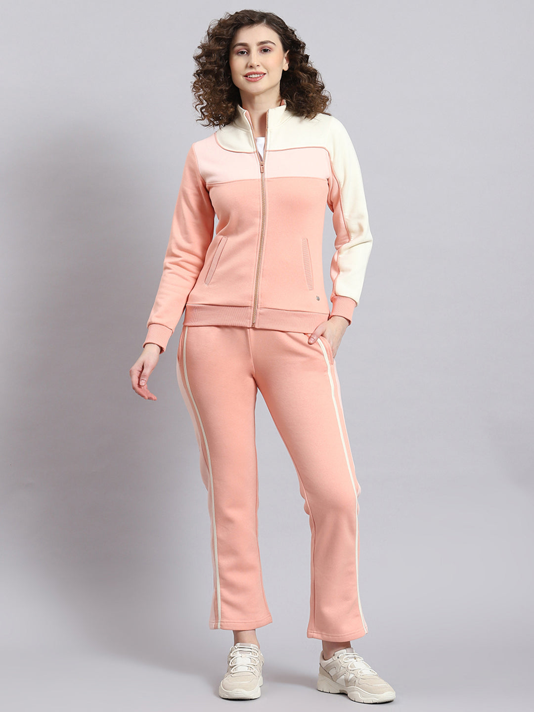 Women Pink Solid Stand Collar Full Sleeve Tracksuit