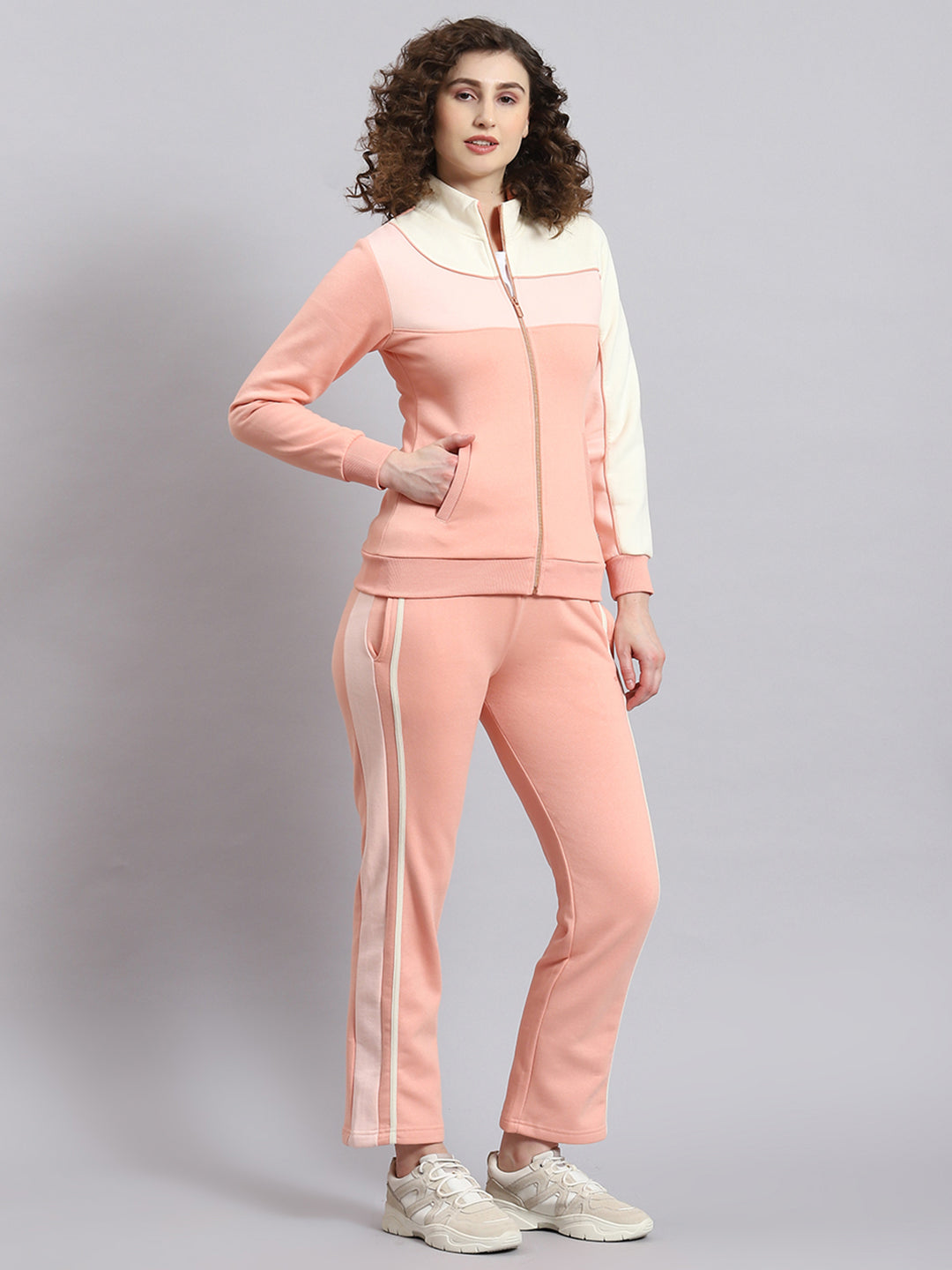 Women Pink Solid Stand Collar Full Sleeve Tracksuit