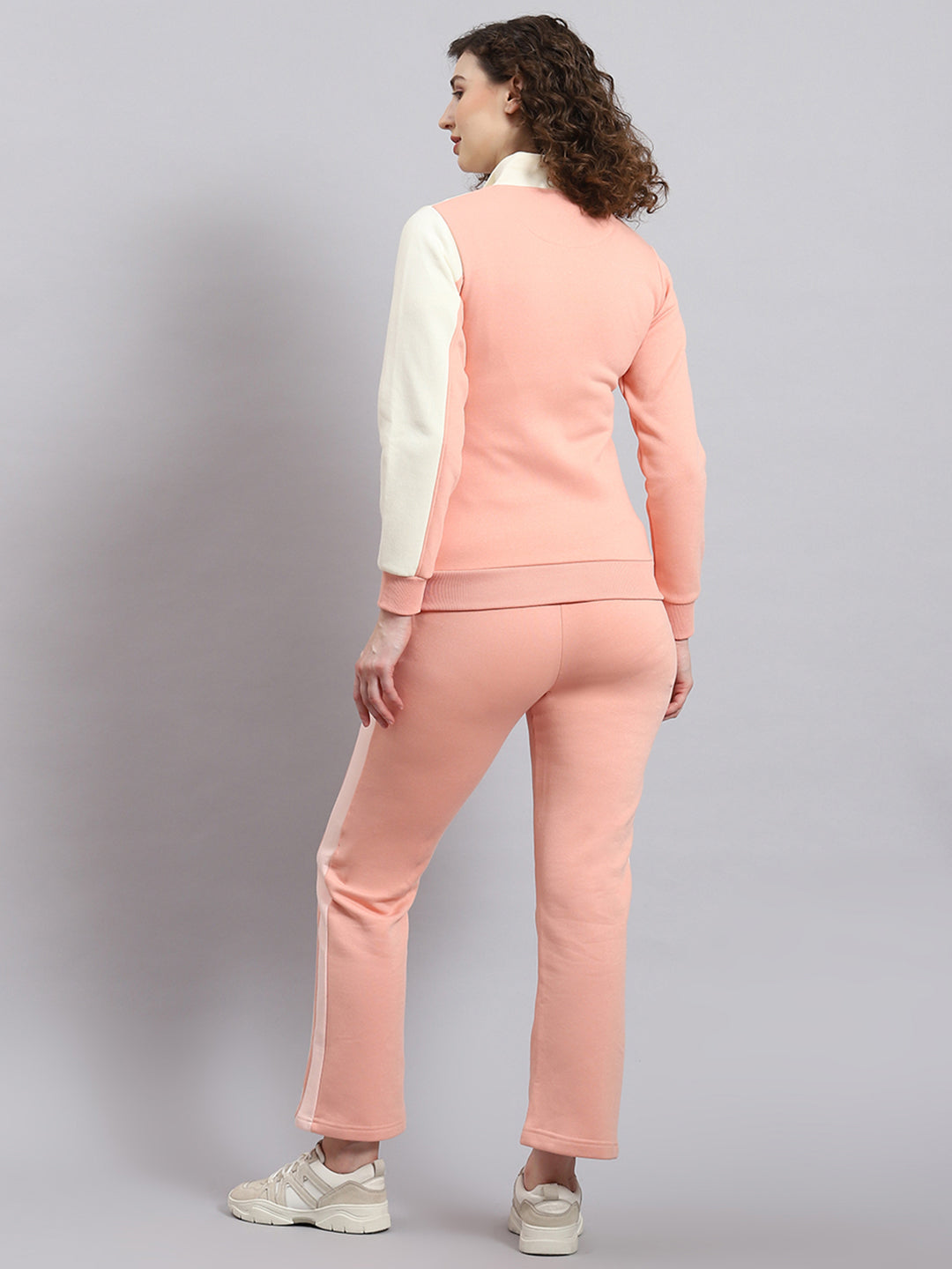 Women Pink Solid Stand Collar Full Sleeve Tracksuit