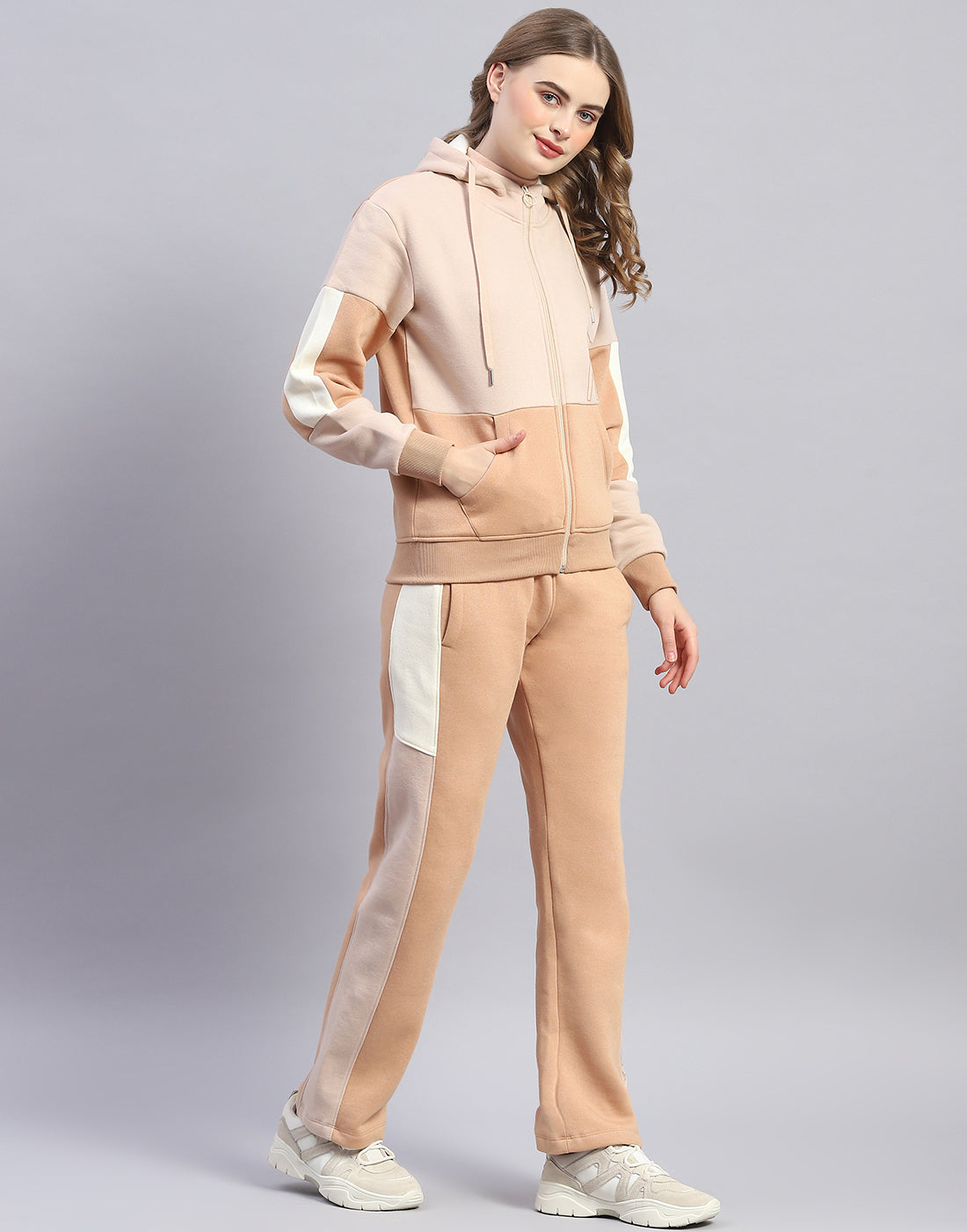 Women Beige Printed Hooded Full Sleeve Tracksuit