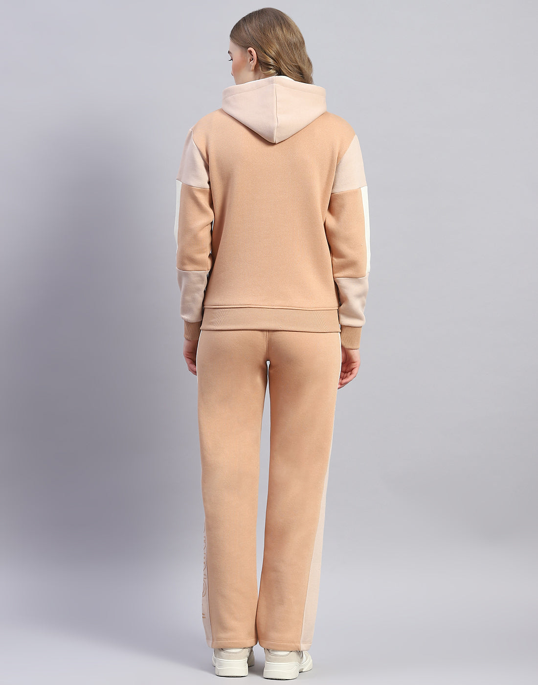 Women Beige Printed Hooded Full Sleeve Tracksuit