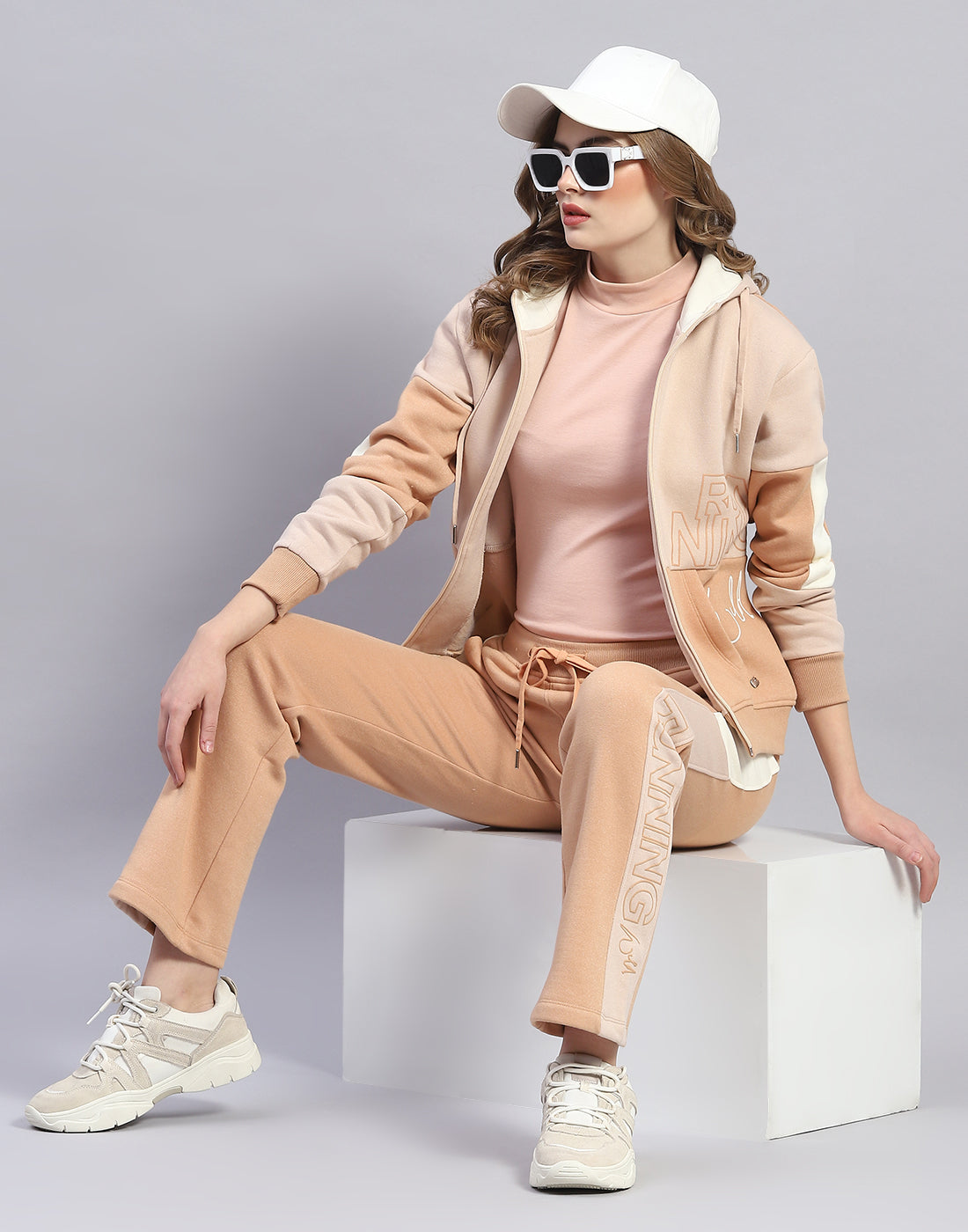 Women Beige Printed Hooded Full Sleeve Tracksuit