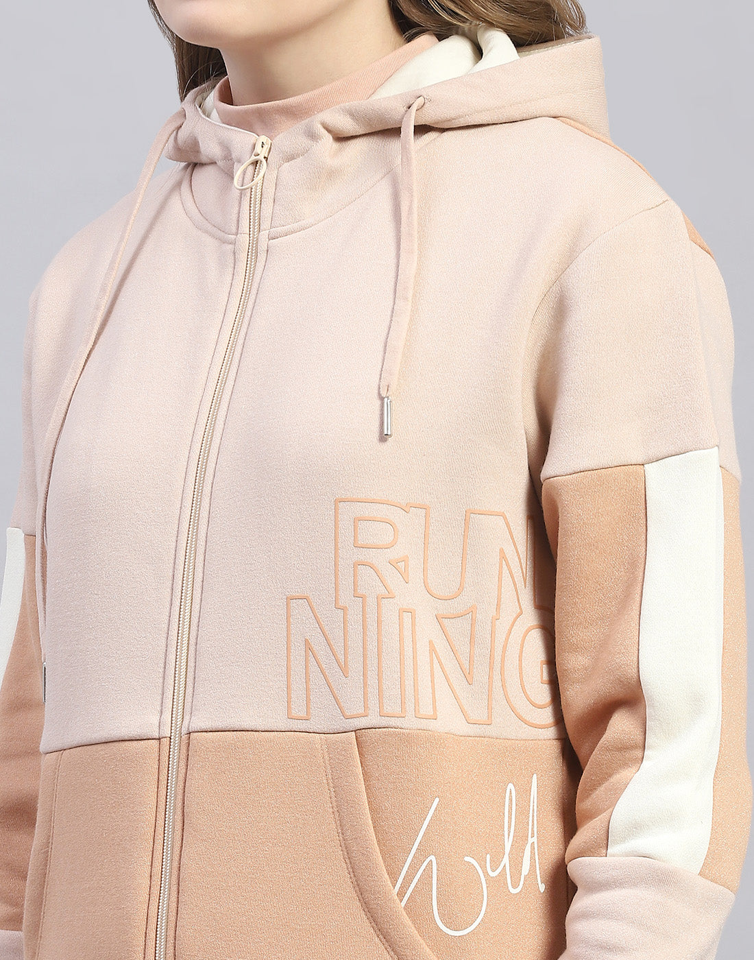 Women Beige Printed Hooded Full Sleeve Tracksuit