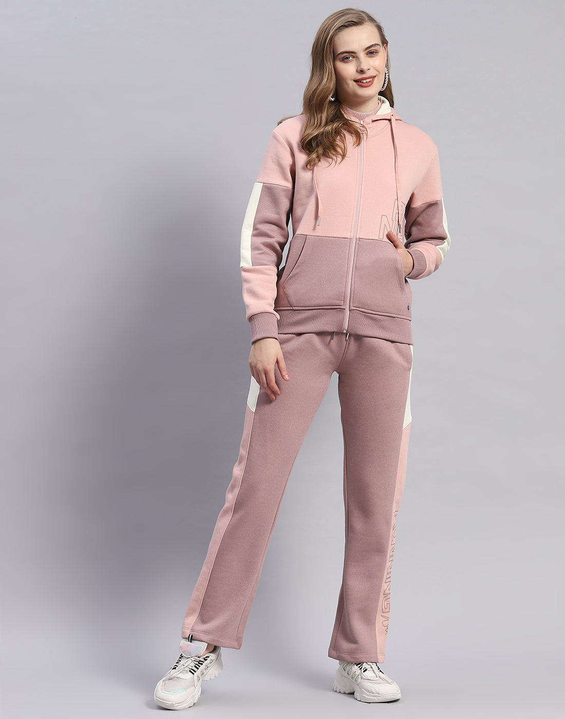 Women Peach Printed Hooded Full Sleeve Tracksuit