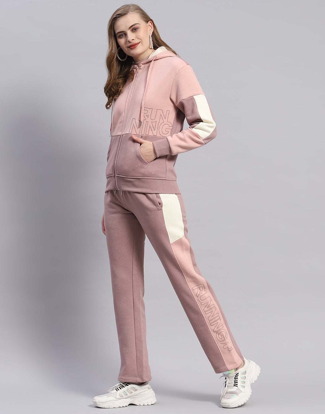 Women Peach Printed Hooded Full Sleeve Tracksuit