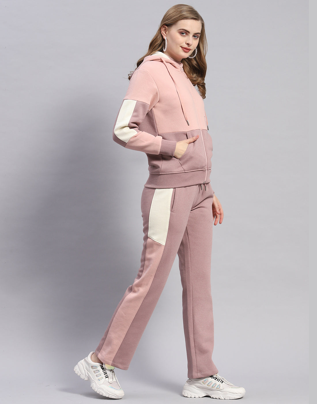 Women Peach Printed Hooded Full Sleeve Tracksuit