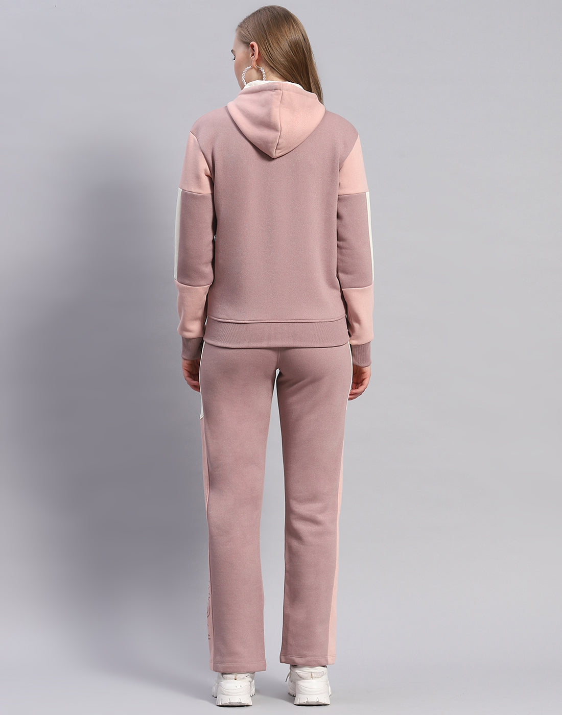 Women Peach Printed Hooded Full Sleeve Tracksuit