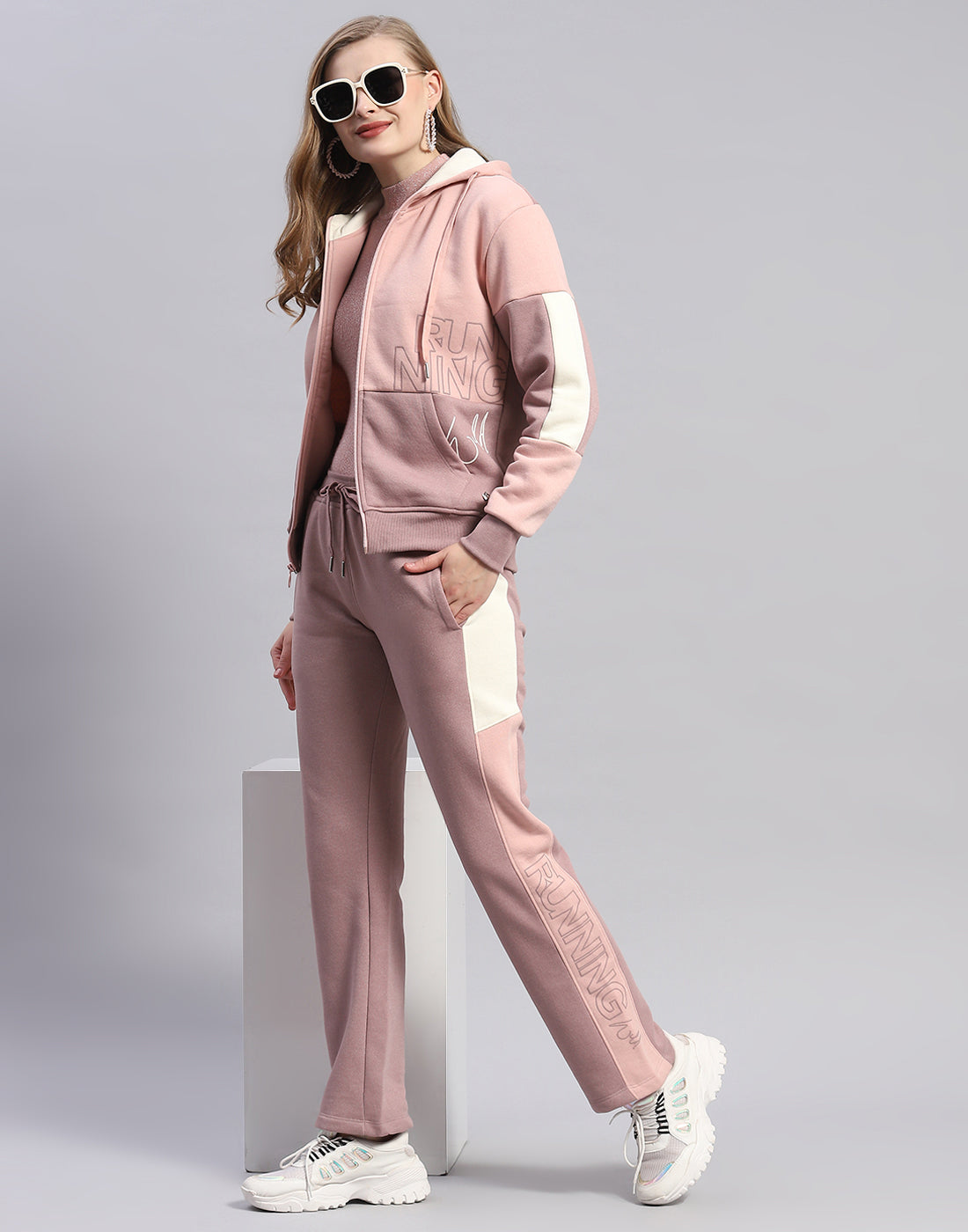 Women Peach Printed Hooded Full Sleeve Tracksuit