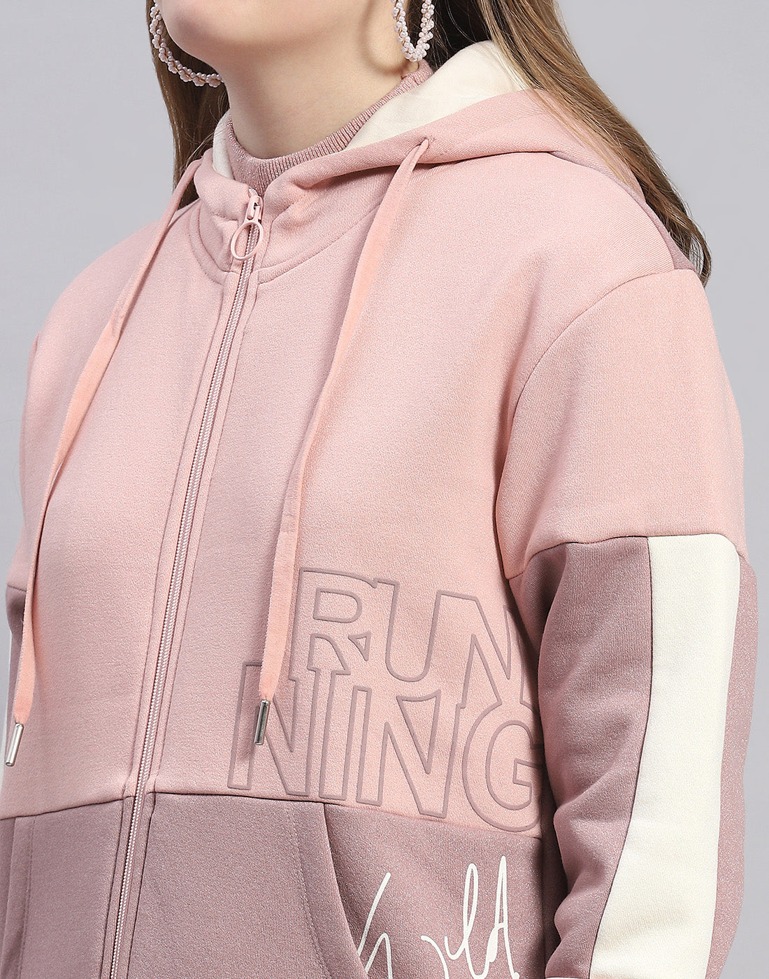 Women Peach Printed Hooded Full Sleeve Tracksuit