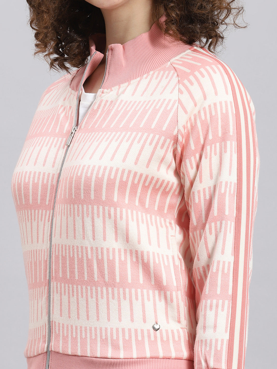 Women Pink Printed Stand Collar Full Sleeve Tracksuit