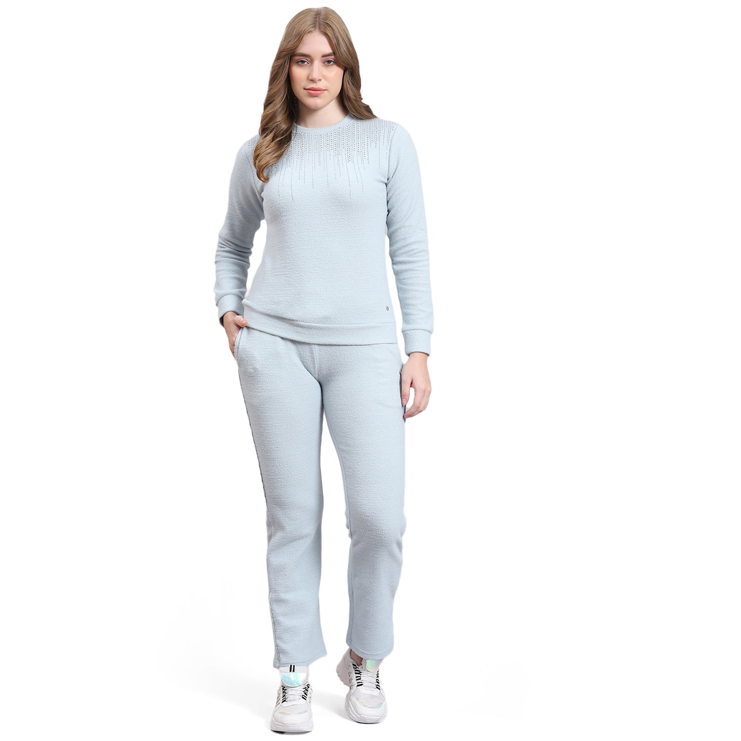 Women Grey Solid F Neck Full Sleeve Cords Set