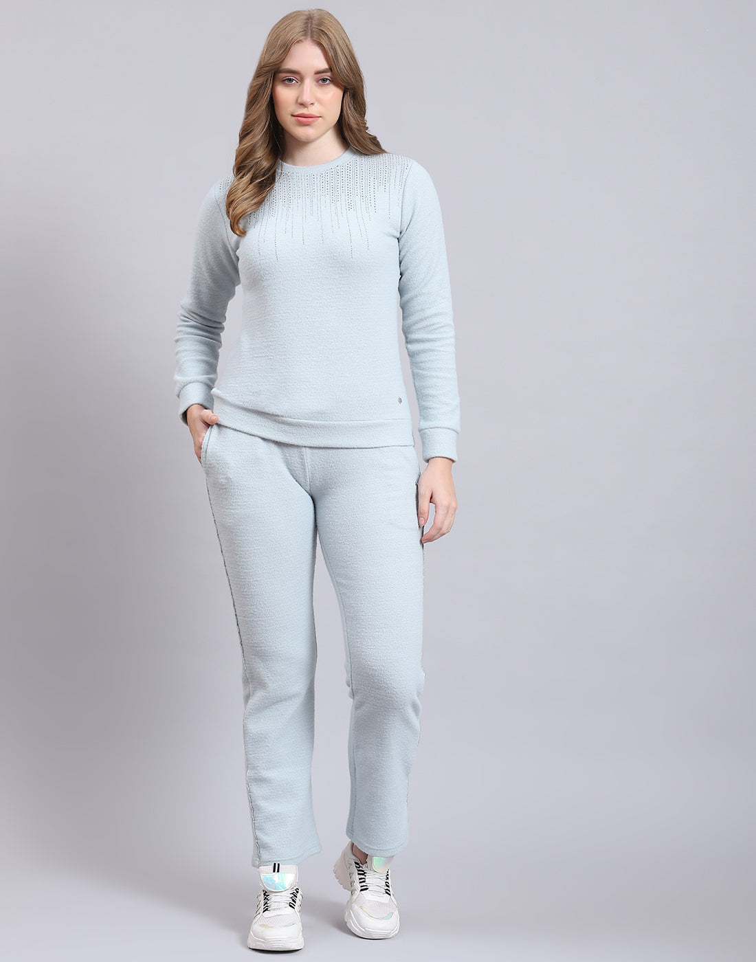 Women Grey Solid F Neck Full Sleeve Cords Set