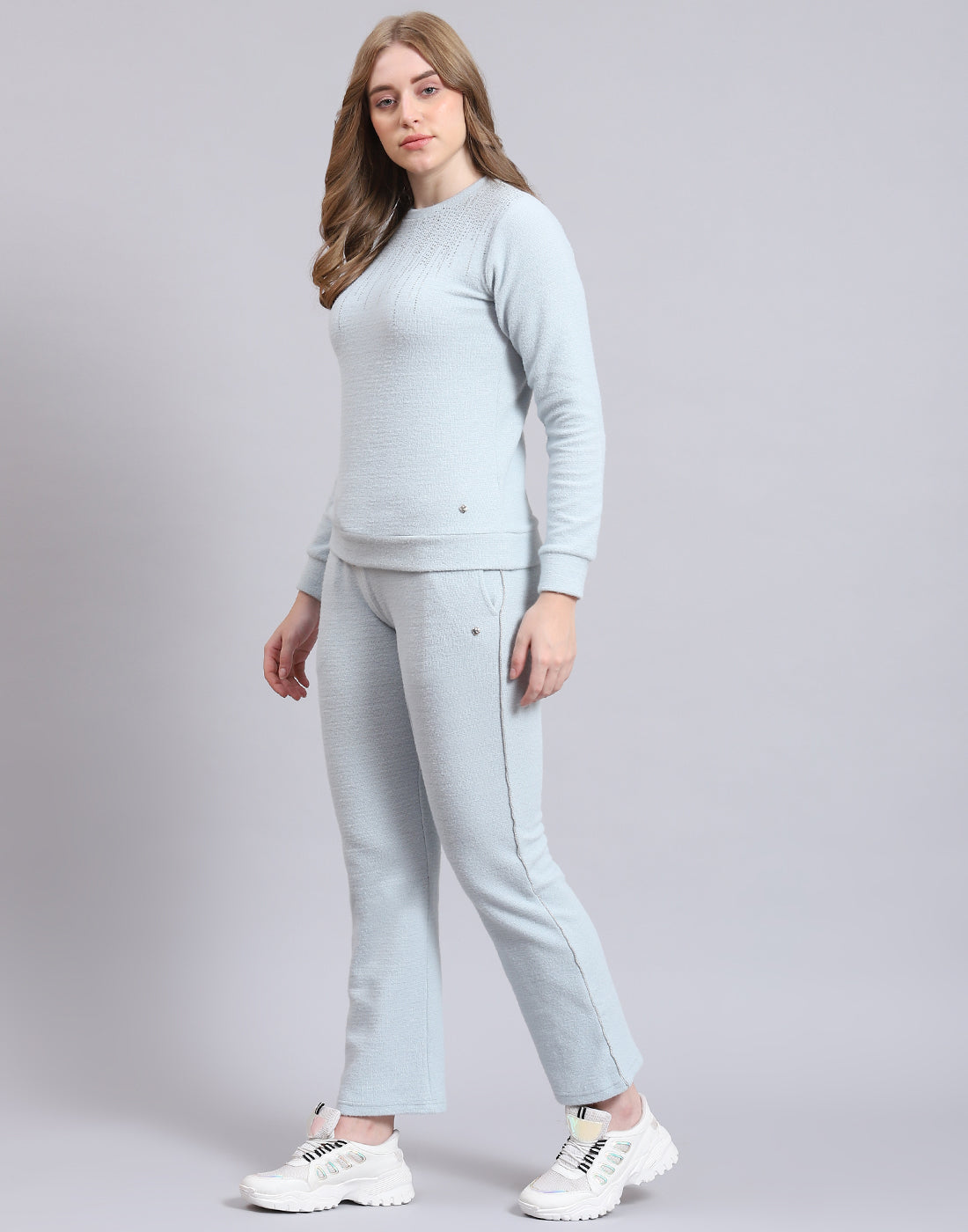 Women Grey Solid F Neck Full Sleeve Cords Set