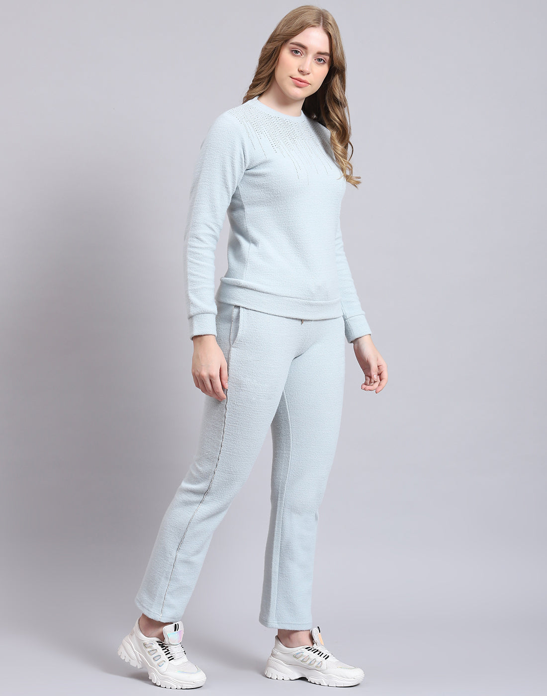 Women Grey Solid F Neck Full Sleeve Cords Set