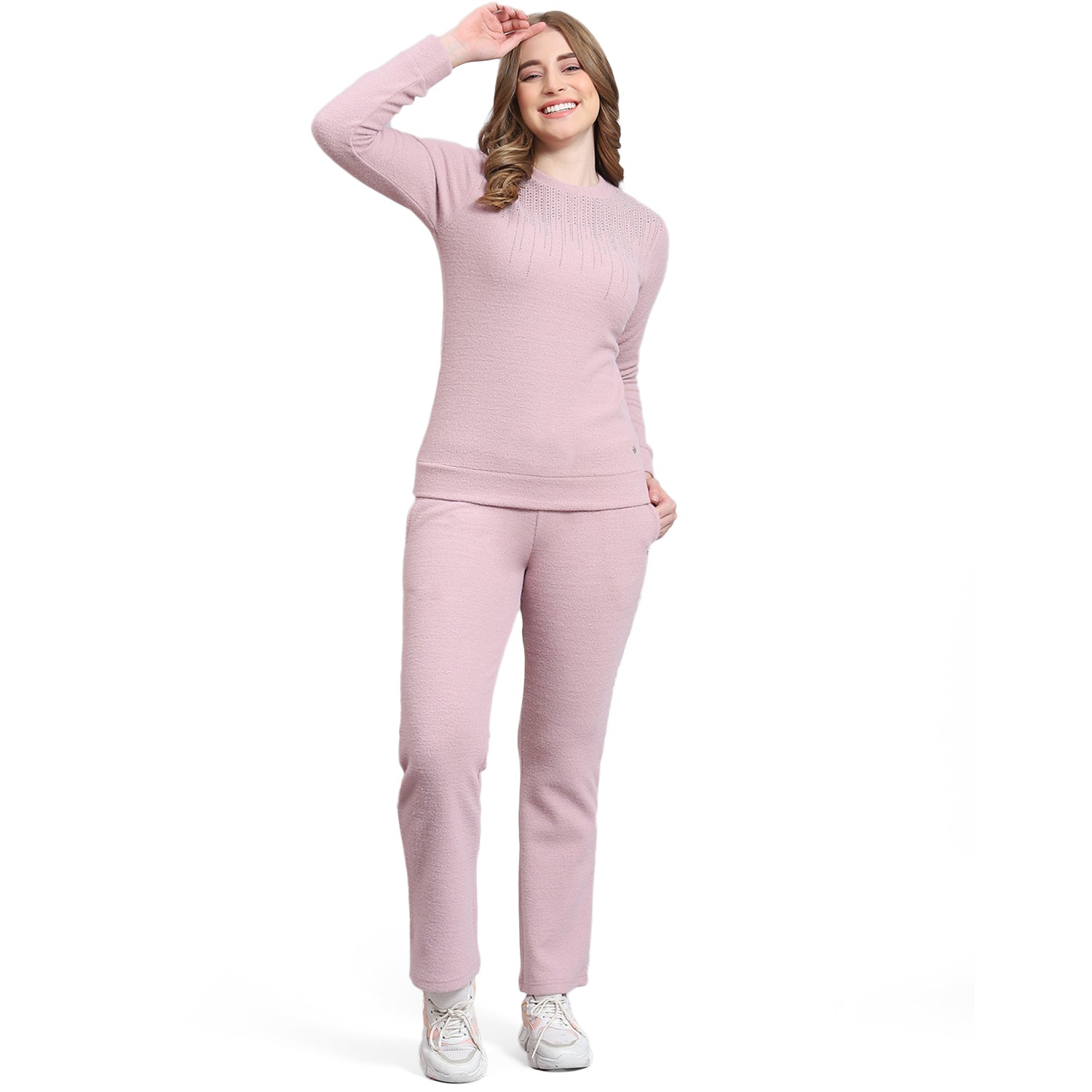 Women Pink Solid F Neck Full Sleeve Cords Set