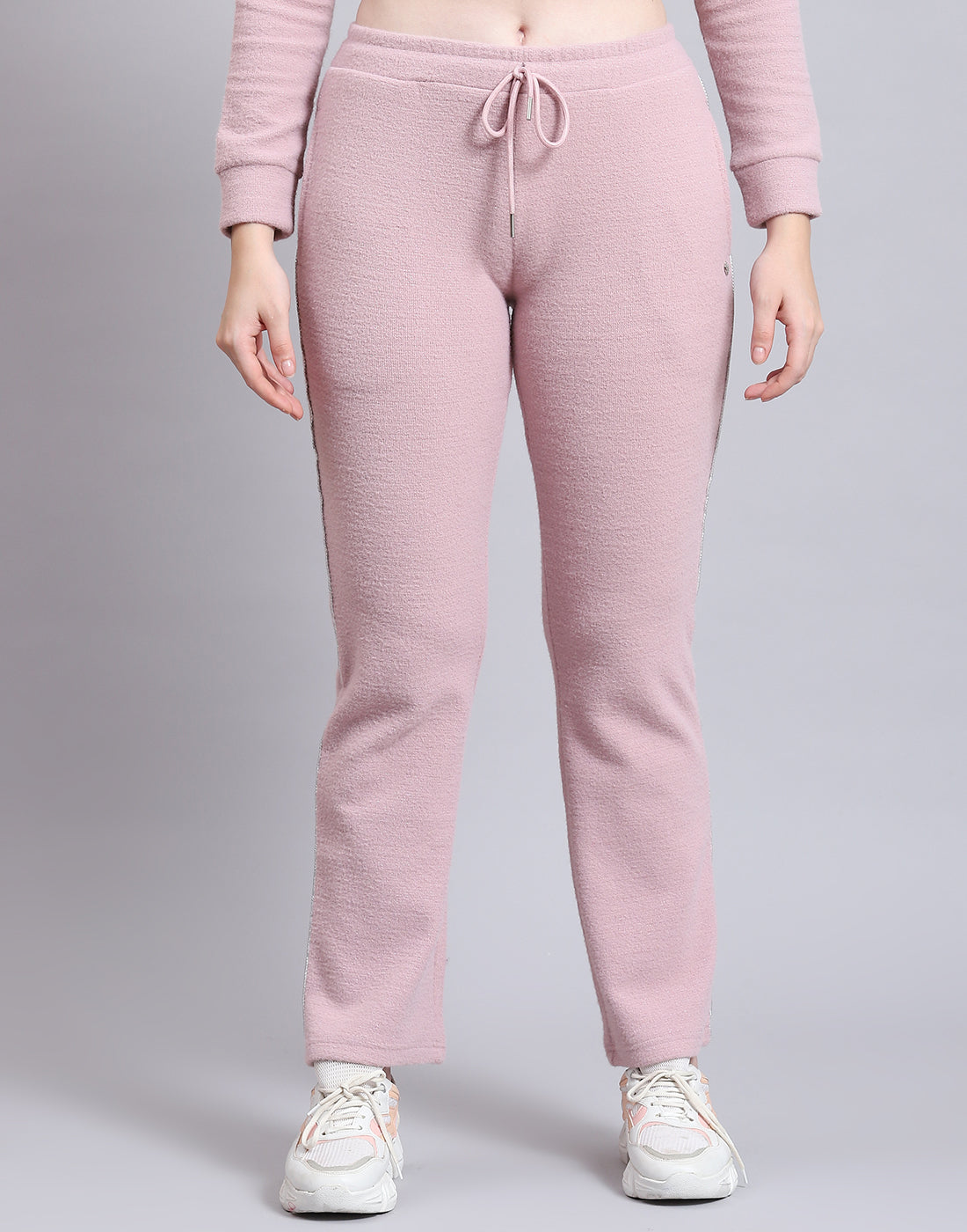 Women Pink Solid F Neck Full Sleeve Cords Set