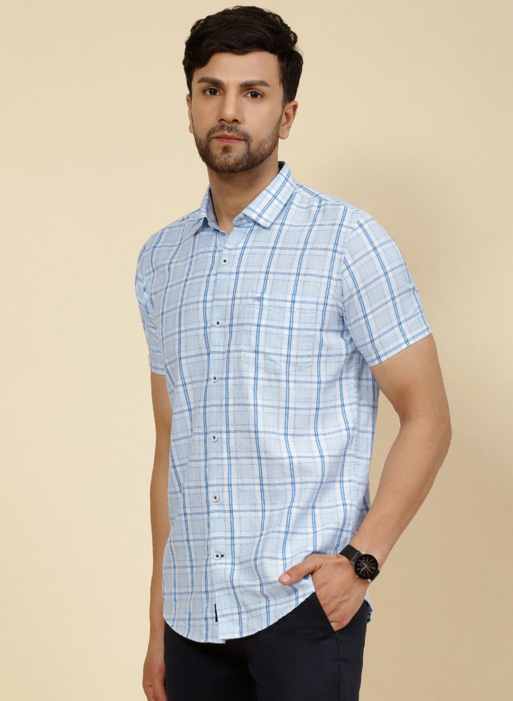 Men Blue Check Shirt