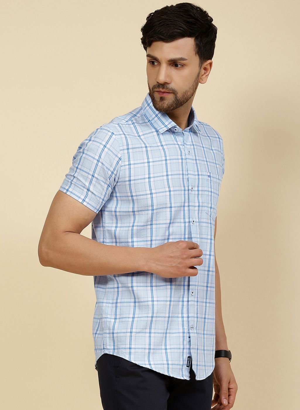 Men Blue Check Shirt