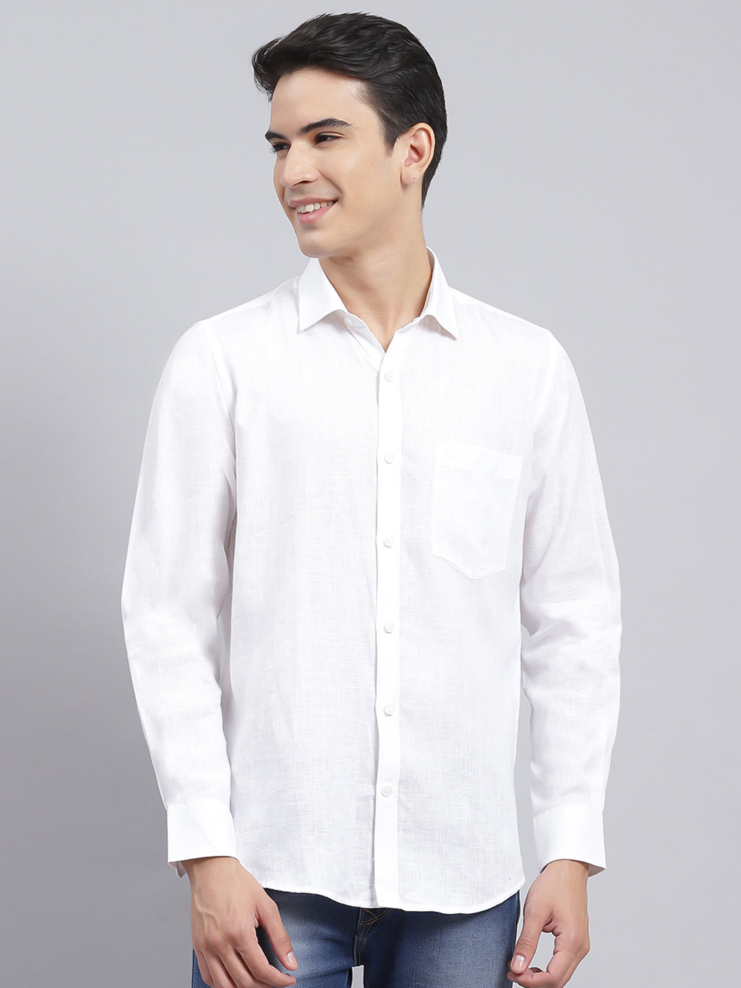 Men White Solid Linen Shirt