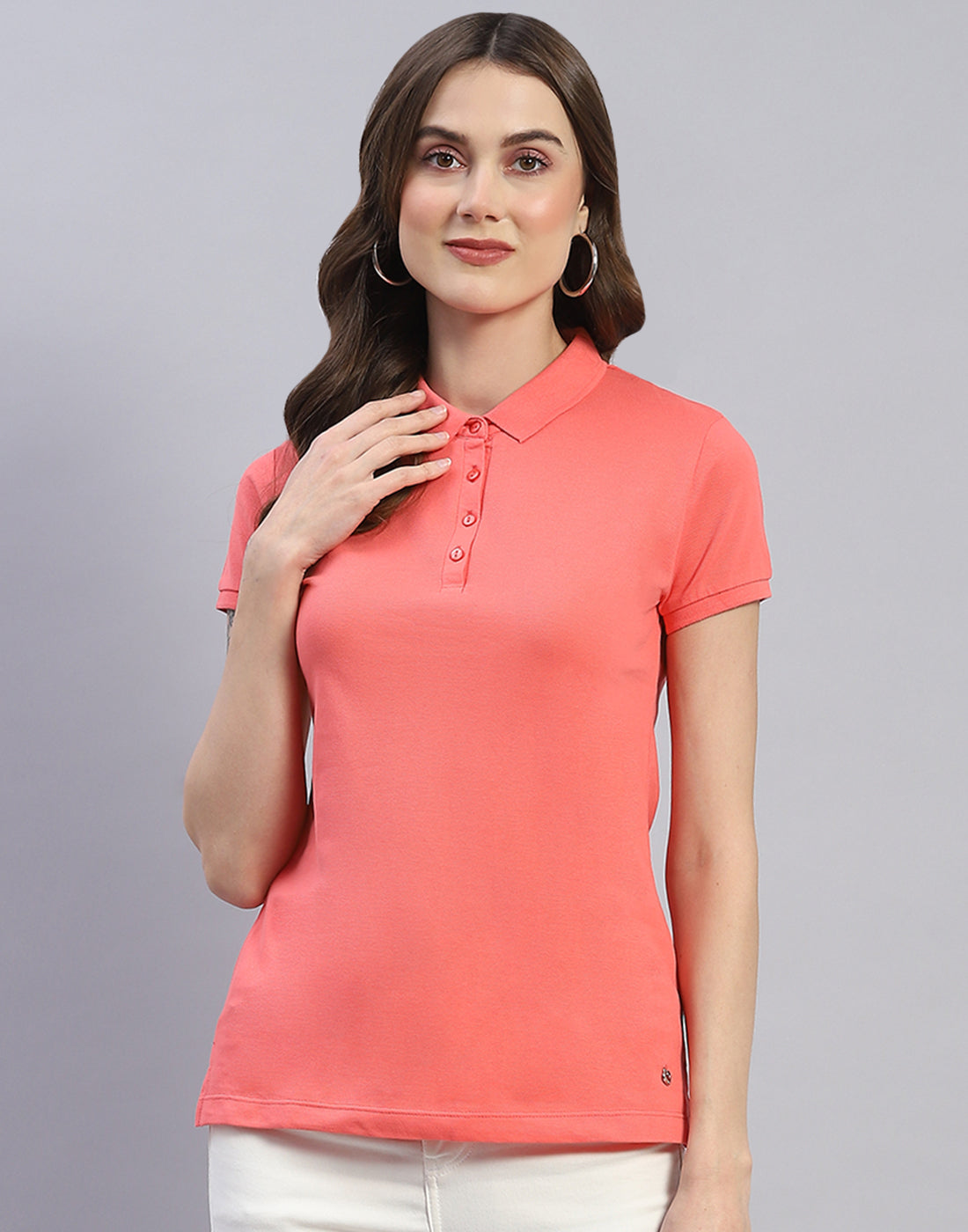 Women Coral Solid Polo Collar Half Sleeve T-Shirt