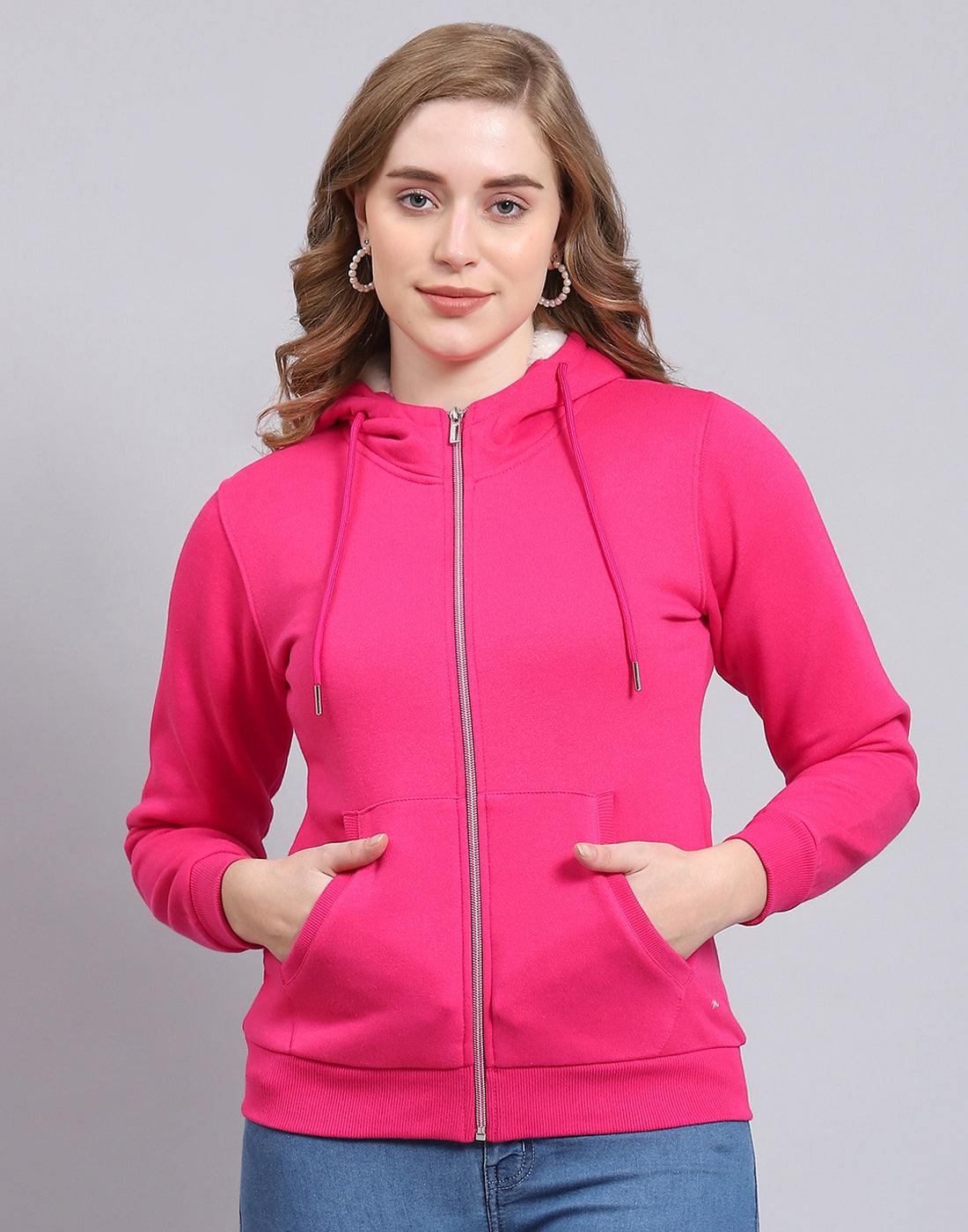 Women Pink Solid Hooded Full Sleeve Sweatshirt