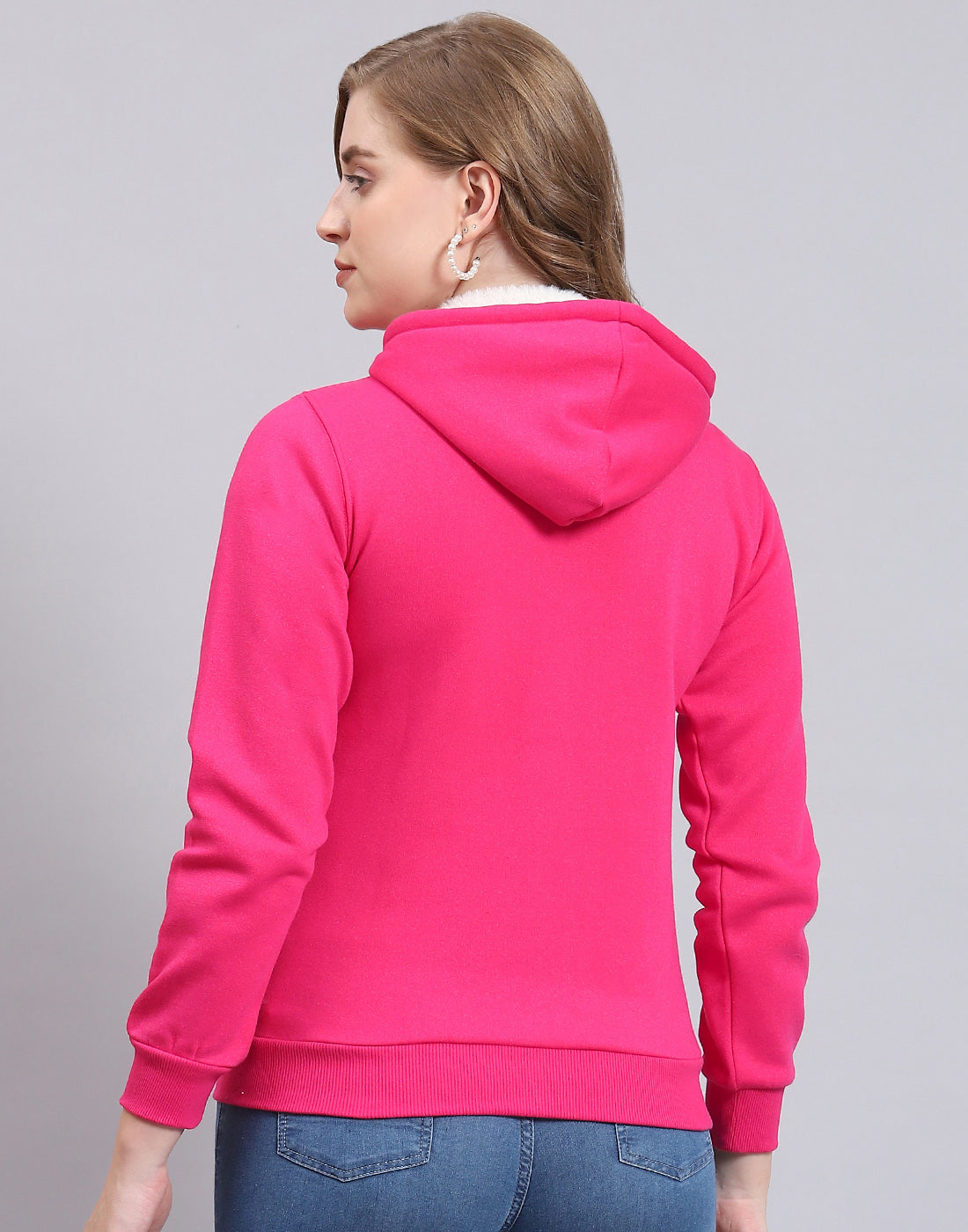 Women Pink Solid Hooded Full Sleeve Sweatshirt