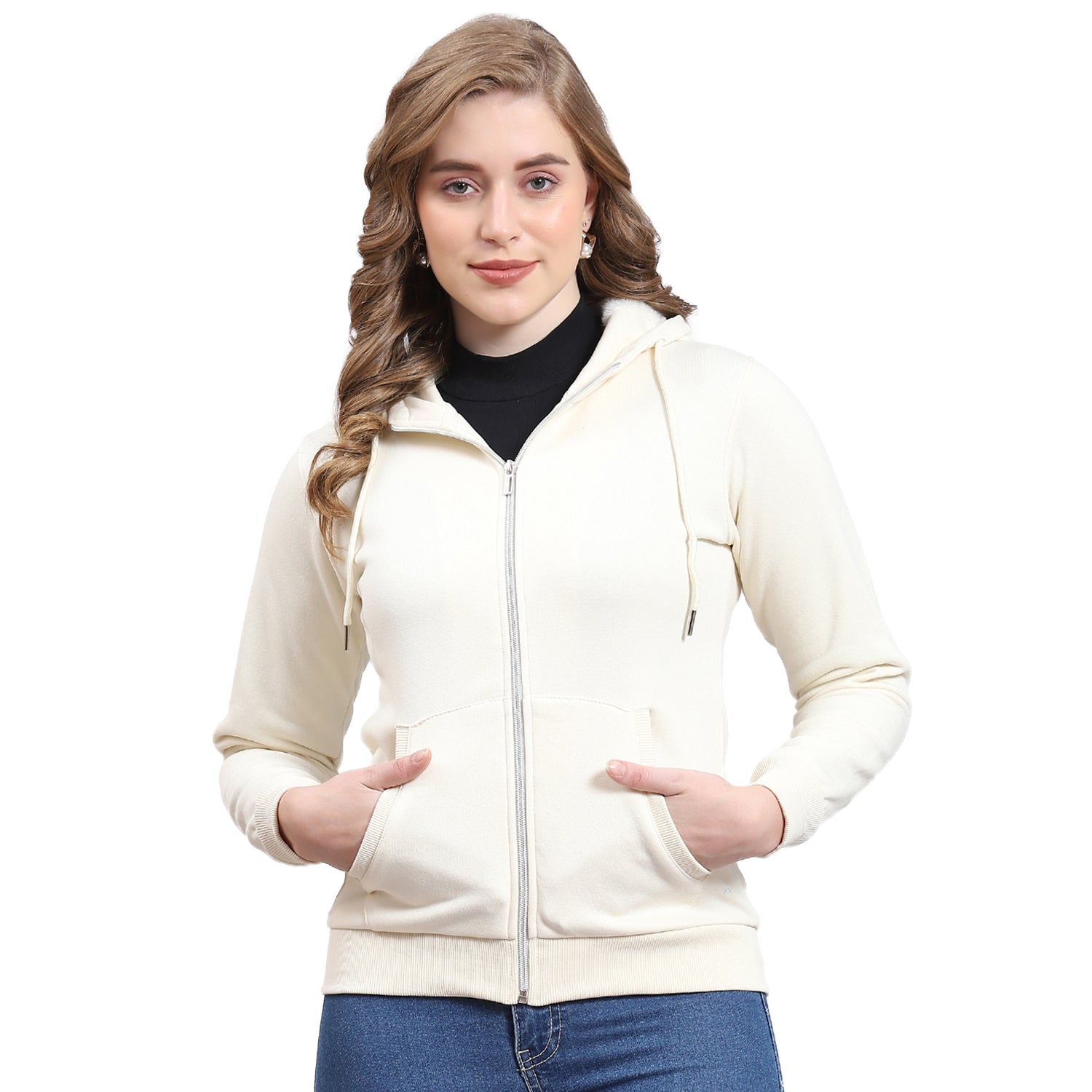 Women Cream Solid Hooded Full Sleeve Sweatshirt