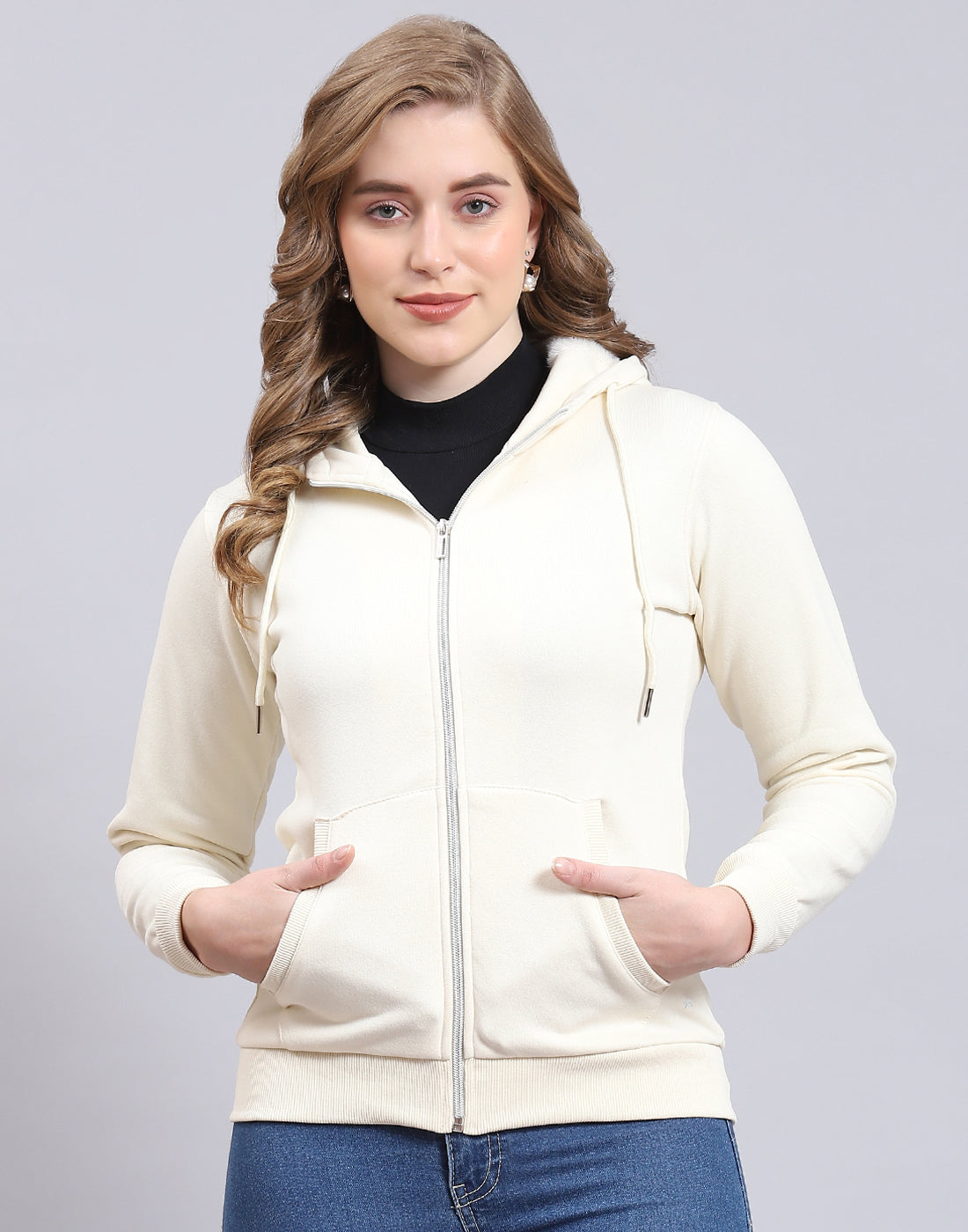 Women Cream Solid Hooded Full Sleeve Sweatshirt