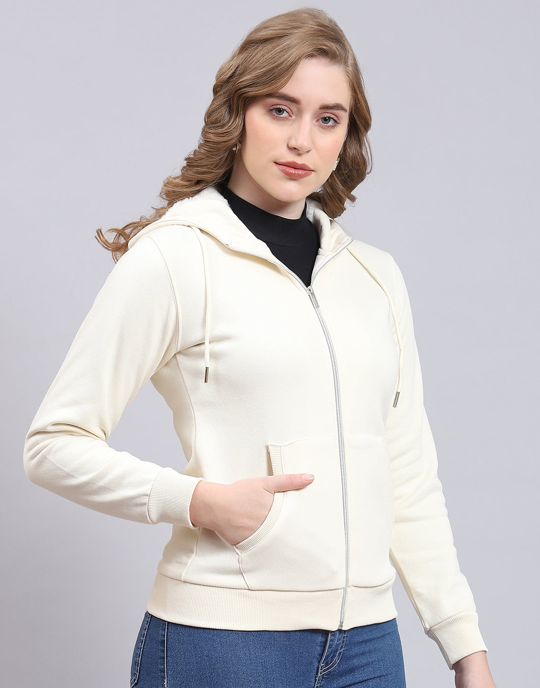 Women Cream Solid Hooded Full Sleeve Sweatshirt